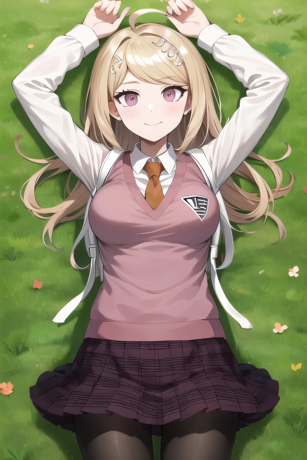 masterpiece, best quality, highres, aakaede, long hair, ahoge, hair ornament, breasts, , necktie, pink vest, sweater vest, collared shirt, long sleeves, backpack, pleated skirt, purple skirt, print skirt, pantyhose, closed mouth, solo, spread arms, arms up, smile, lying, on back, on grass, looking at viewer, solo, in the center, (cowboy shot: 1.3), high quality,