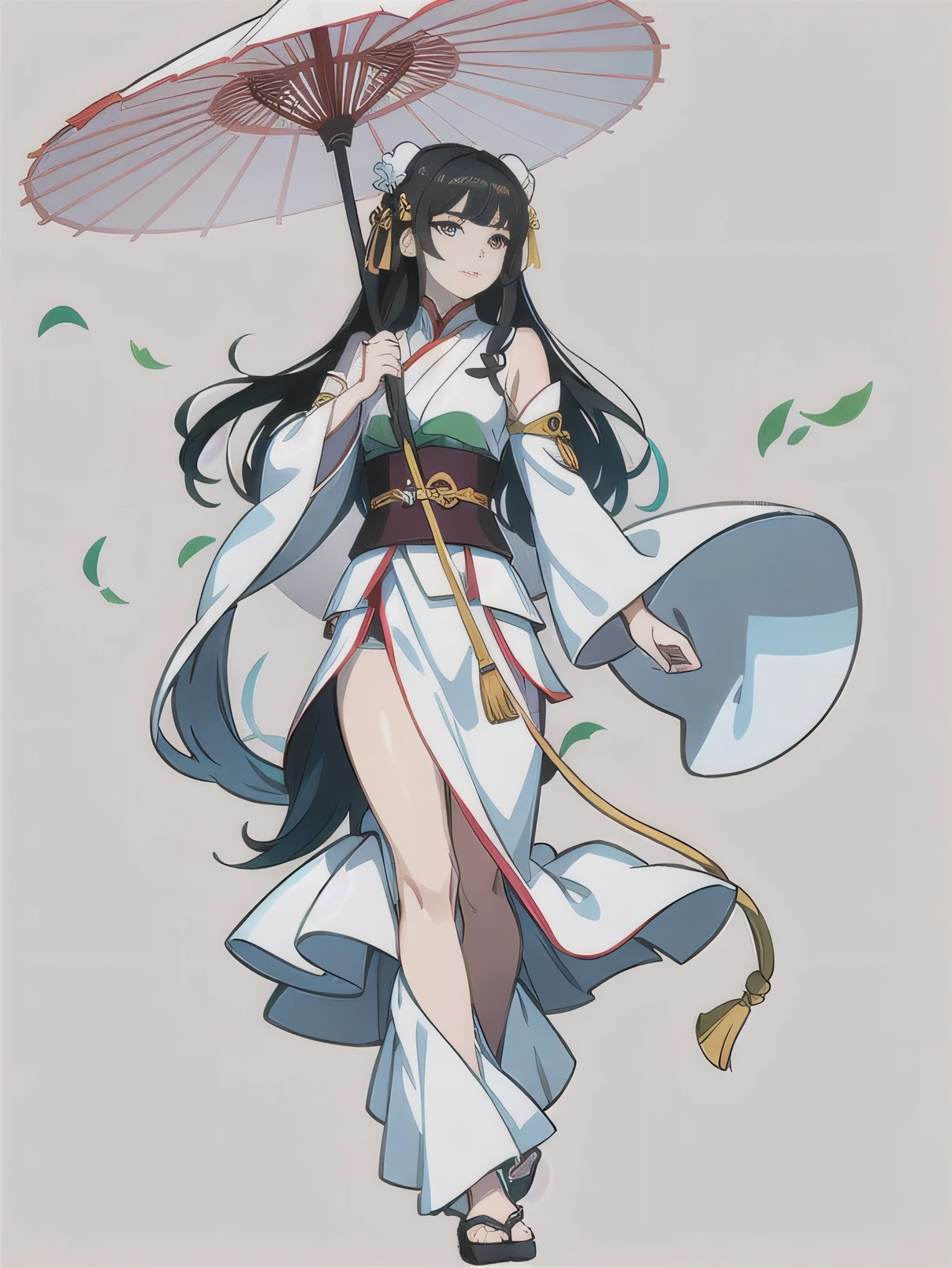 Cartoon woman wearing white skirt holding umbrella flying leaves,flowing hair and gown, Inspired by Zhou Fang, Full body martial arts, Inspired by Zhu Lian, Inspired by Nishikawa Yunobu, Chinese goddess, anime goddess, Inspired by Lu Ji,Inspired by Li Tang,Bai Suzhen,White Lady,Chinese beauty,Black bun,All in white clothes and skirt,full body portrait,blank background,Hold an umbrella with your right hand,Long black hair fluttering,white ribbon,White long skirt,layered skirt,Feet not exposed,