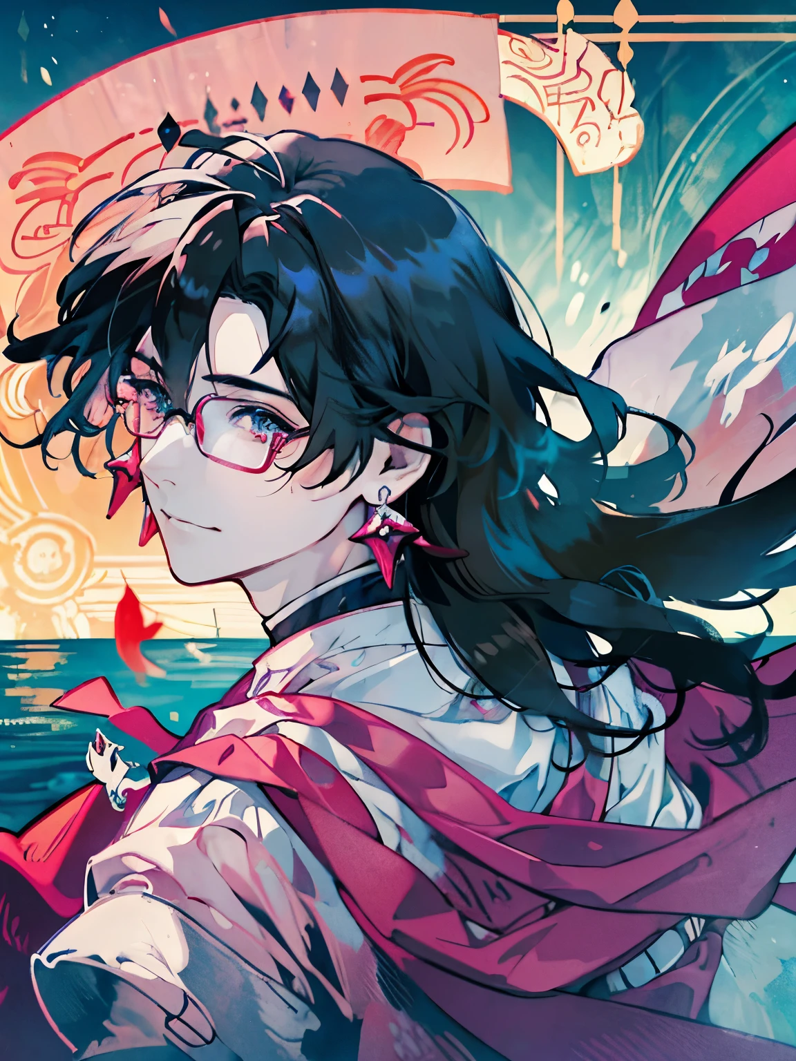 sensational face、magic effect、pink and orange pastel colors、red earrings、Glasses、wizard、detailed、muste piece、in water、Ripples on the surface of the water、soft air、