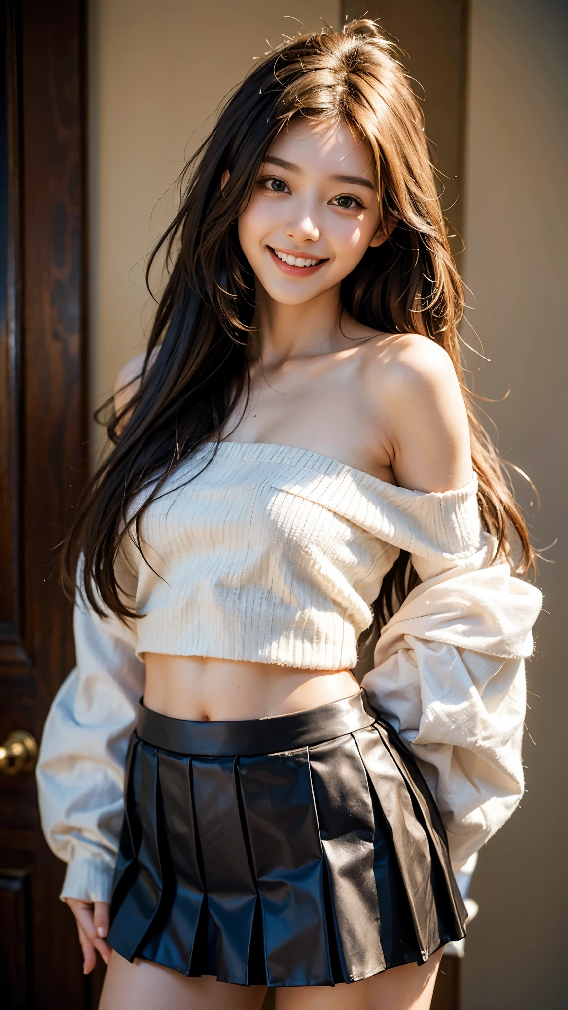 highest quality, masterpiece, ultra high resolution, (realistic:1.4), thinウエスト,thin脚,because I'thin,Medium chest,soft chest,(close portrait) Raw photo, 1 girl,20-year-old,((standing with hands clasped behind one's back'Came back'Came back'Came back)),((off shoulder pleated mini skirt )),messy hair,((straight long hair)),realistic,picture media chest)),((toothy smile)),((big smile))