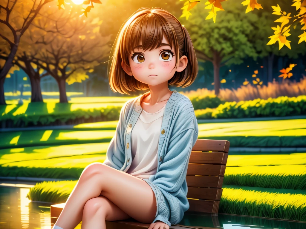 a girl sitting by a dusk pond,sad expression,dramatic sunset,end of autumn,(best quality,4k,8k,highres,masterpiece:1.2),ultra-detailed,(realistic,photorealistic,photo-realistic:1.37),emotional,watercolor painting,loneliness,colorful autumn leaves,soft golden light
