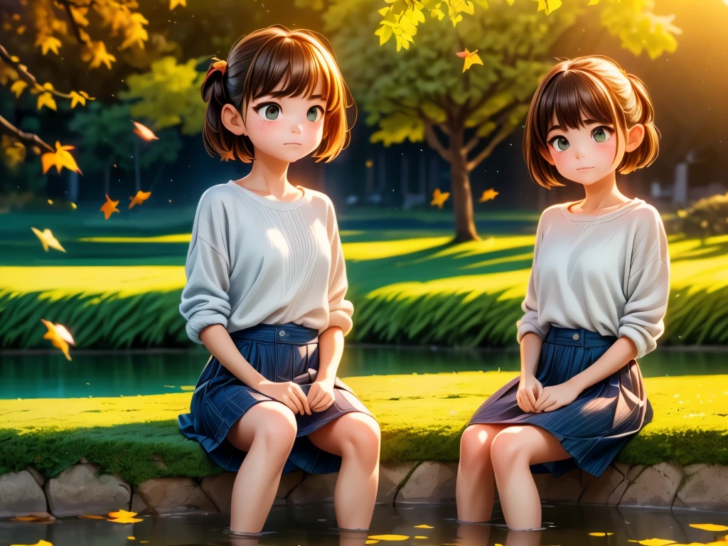pond at dusk、girl sitting by the pond、Sad look、sunset