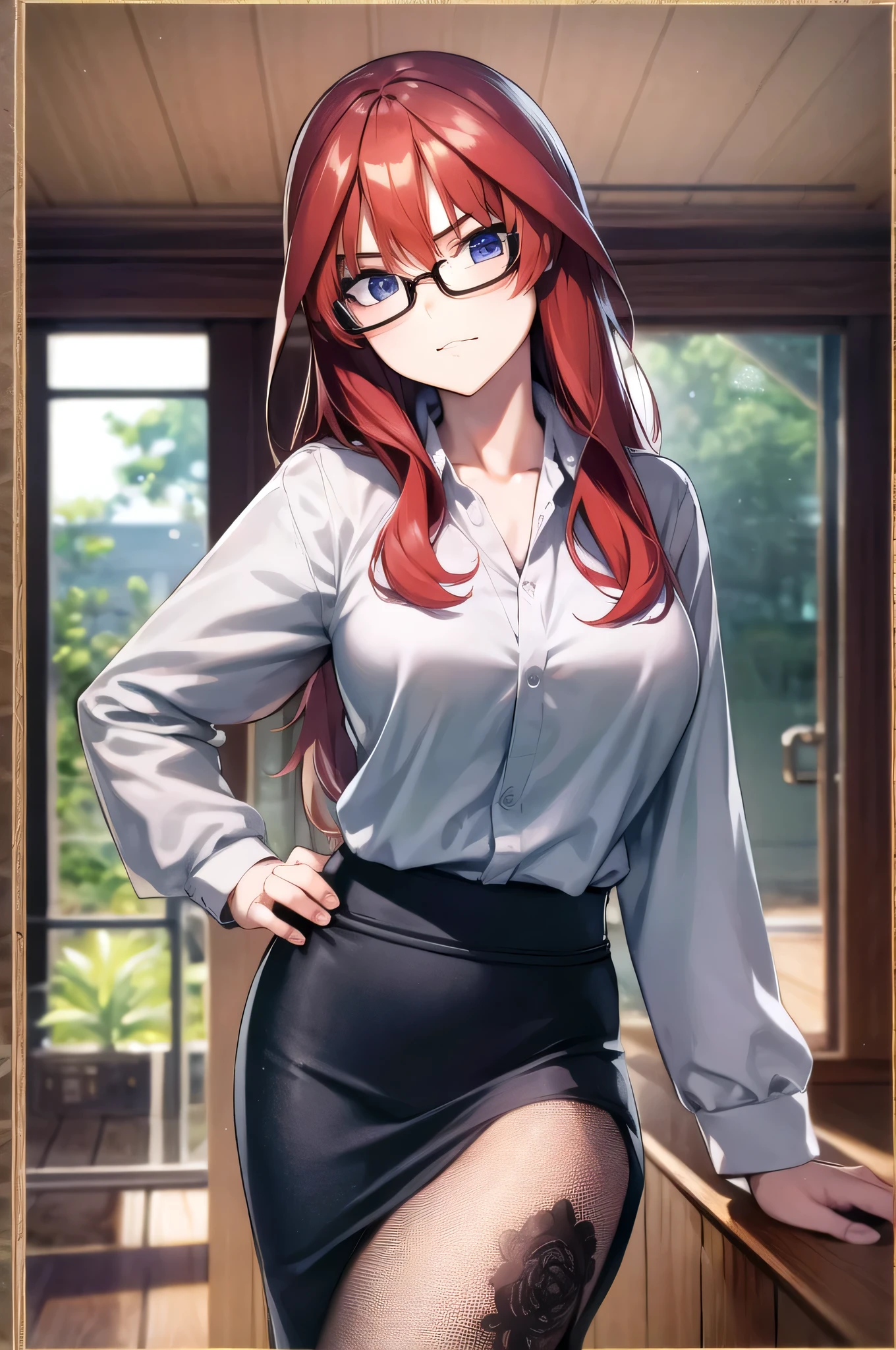 masterpiece, best quality, ultra detailed, hyper realistic, photo),delicate pattern, detailed background, uncensored completely, cowboy shot,  japanese girl, class room,
, loose collar, skirt, looking over eyewear,
hair between eyes, red hair
put up index finger and one hand on hip,  angry with puffed cheeks,
from above, leaning forward,