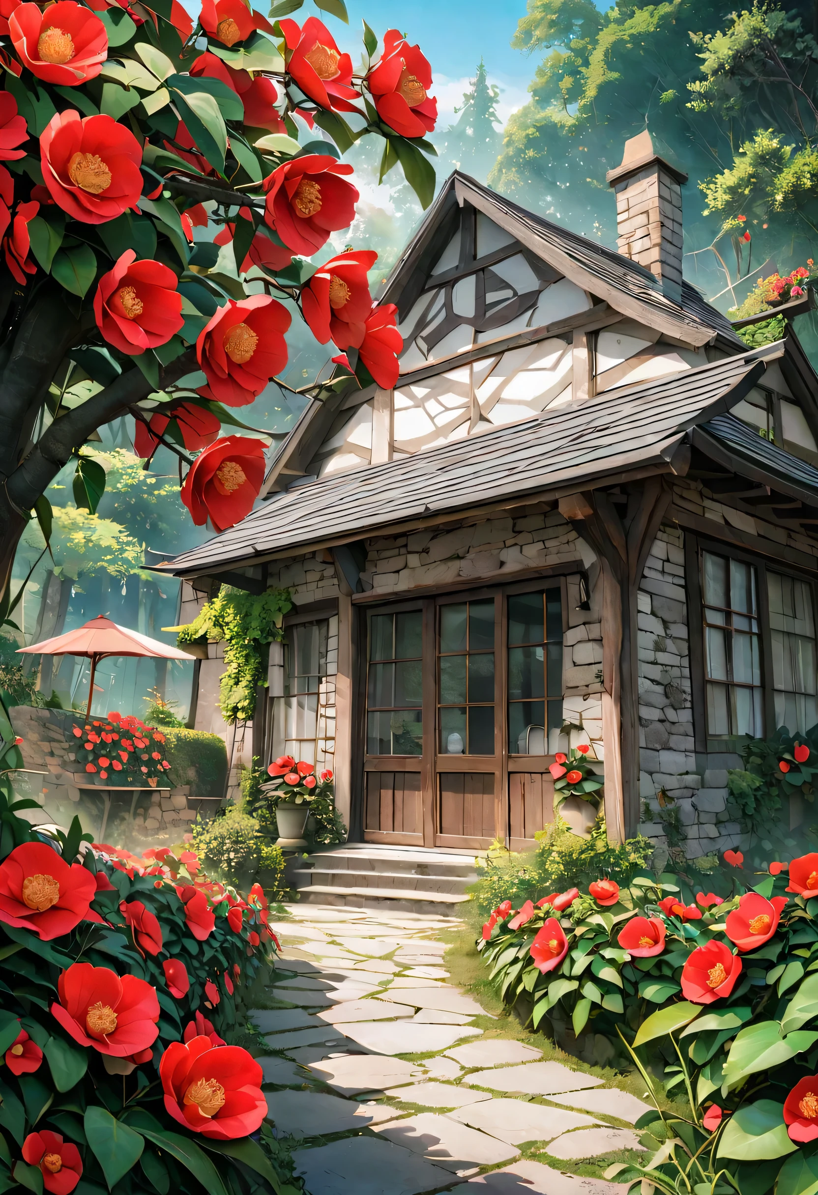 Graphic design of 1 simple stone house in the middle of a garden full of white and red camellias , arte de qualidade, 8k