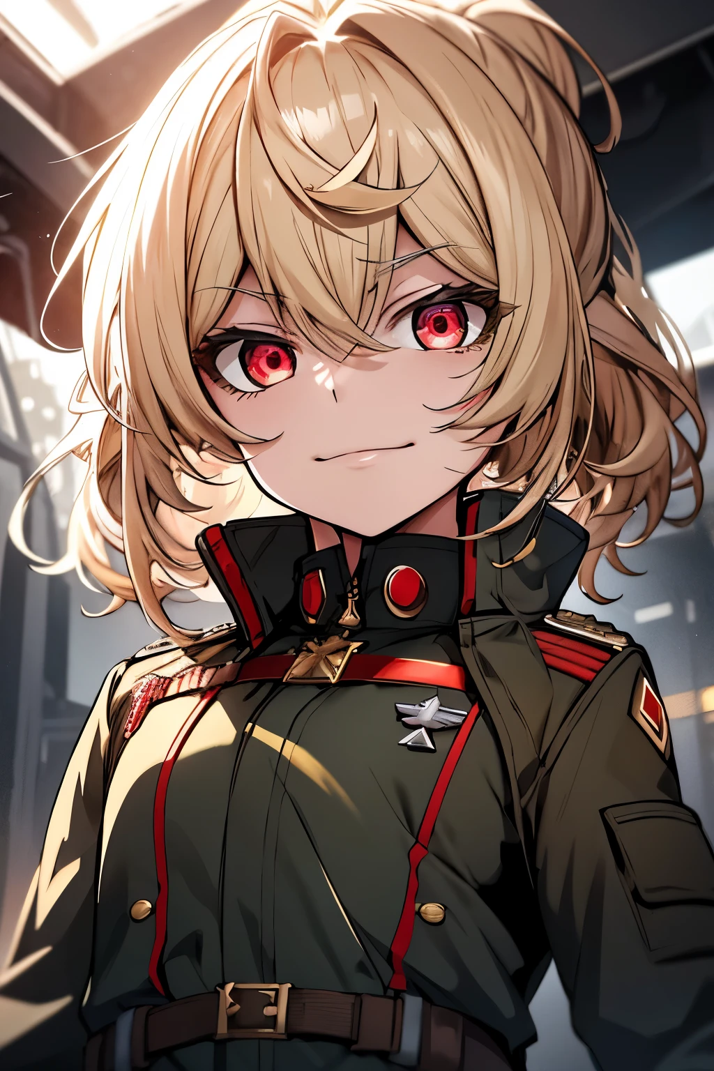 (masterpiece, best quality: 1.1), 1girl solo, tanya, 1girl, solo, , flat chest, small breasts, curvy, military, military uniform, ,, evil smile, wicked expression, anger, red eyes, neutral lighting