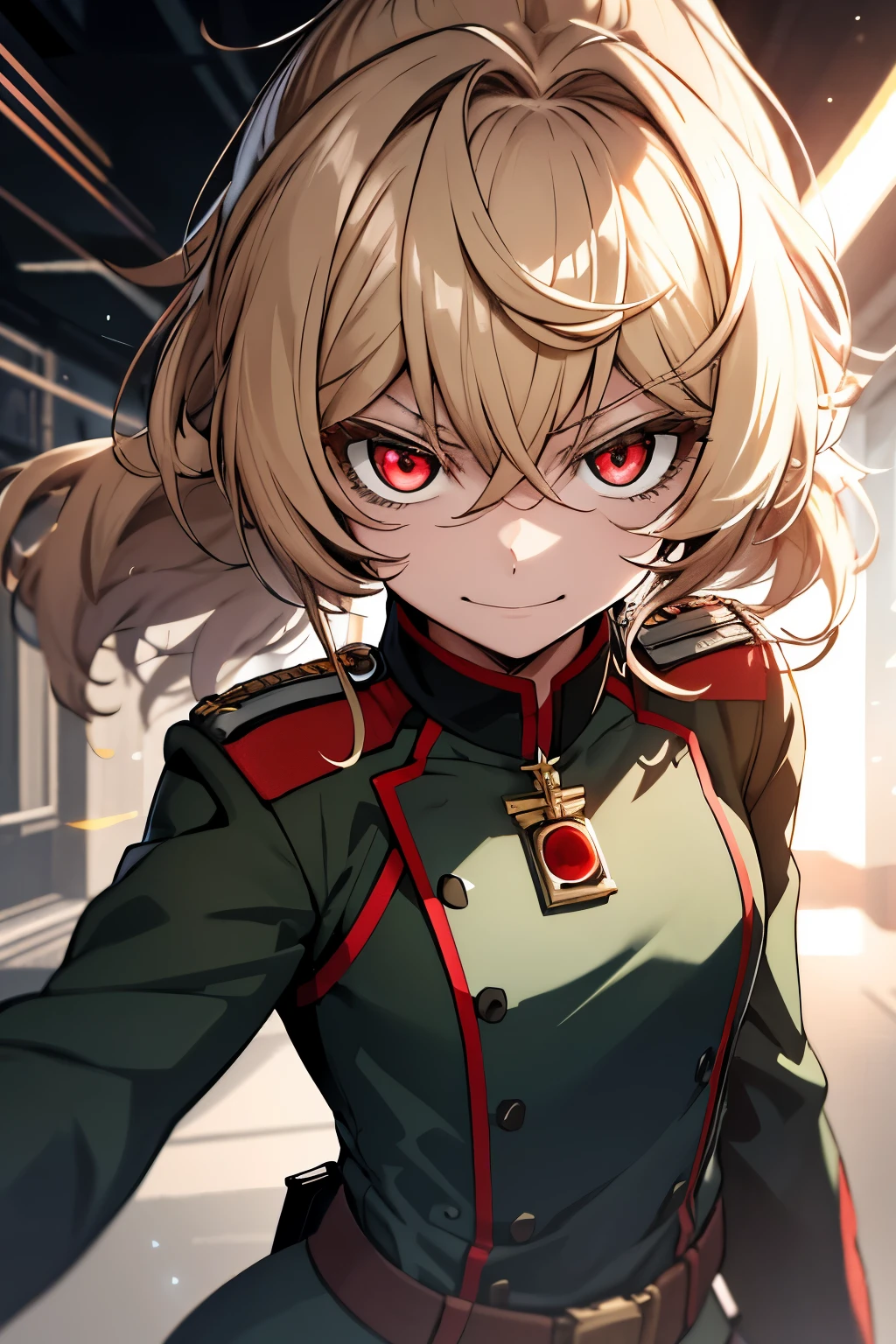 (masterpiece, best quality: 1.1), 1girl solo, tanya, 1girl, solo, , flat chest, small breasts, curvy, military, military uniform, ,, evil smile, wicked expression, anger, red eyes, neutral lighting