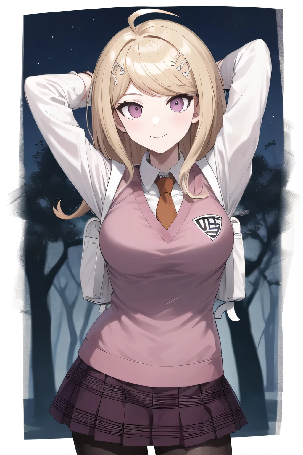 masterpiece, best quality, highres, aakaede, long hair, ahoge, hair ornament, breasts, , necktie, pink vest, sweater vest, collared shirt, long sleeves, backpack, pleated skirt, purple skirt, print skirt, pantyhose, closed mouth, solo, upper body, night sky, forest, arms behind head, contrapposto, spread armpits, smile, high quality, in the center, high quality,