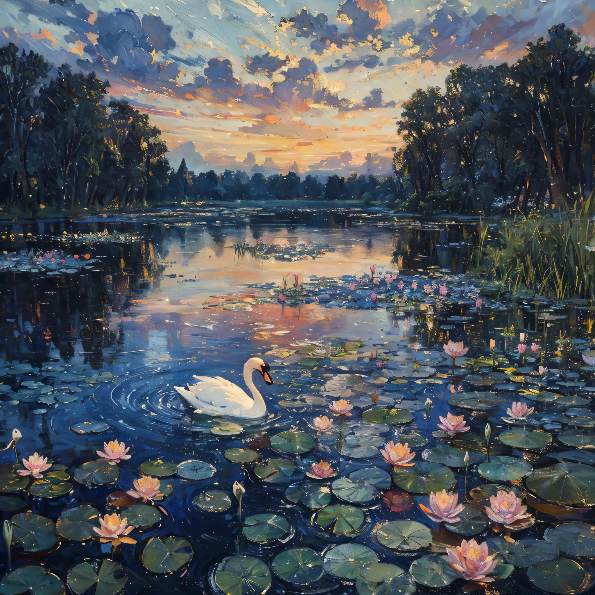 (best quality, masterpiece:1.2), oil painting, a pond with lush vegetations, a swan, water lilies, sky, late evening, purplish hue, golden hour