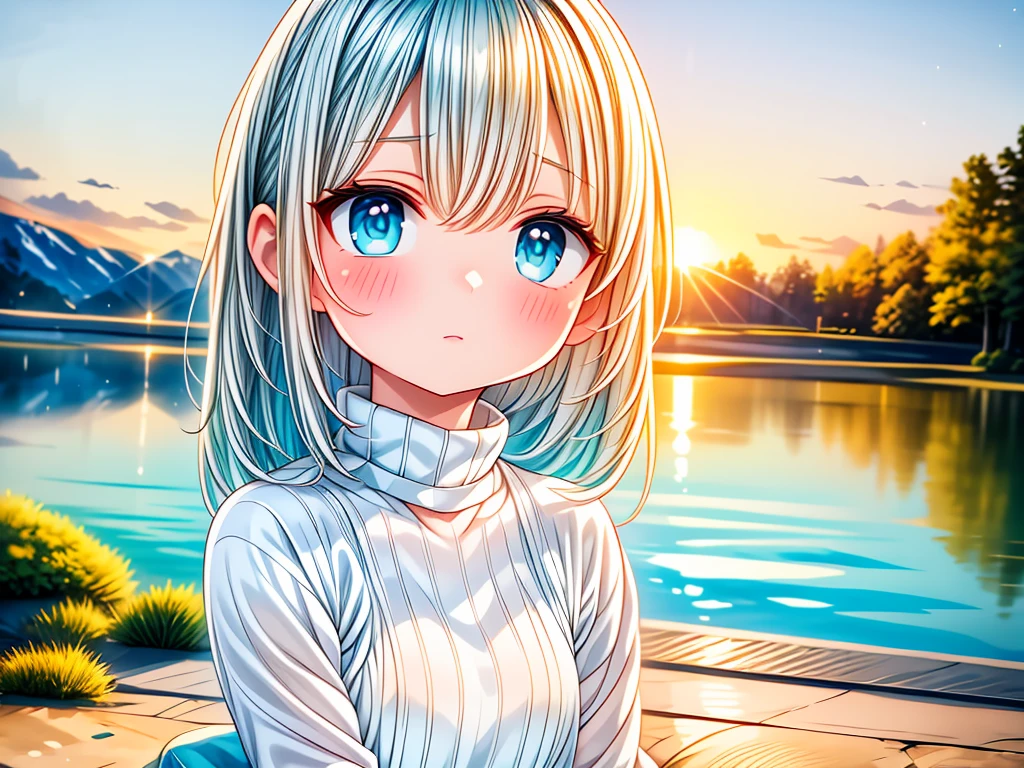 pond at dusk、girl sitting by the pond、Sad look、sunset