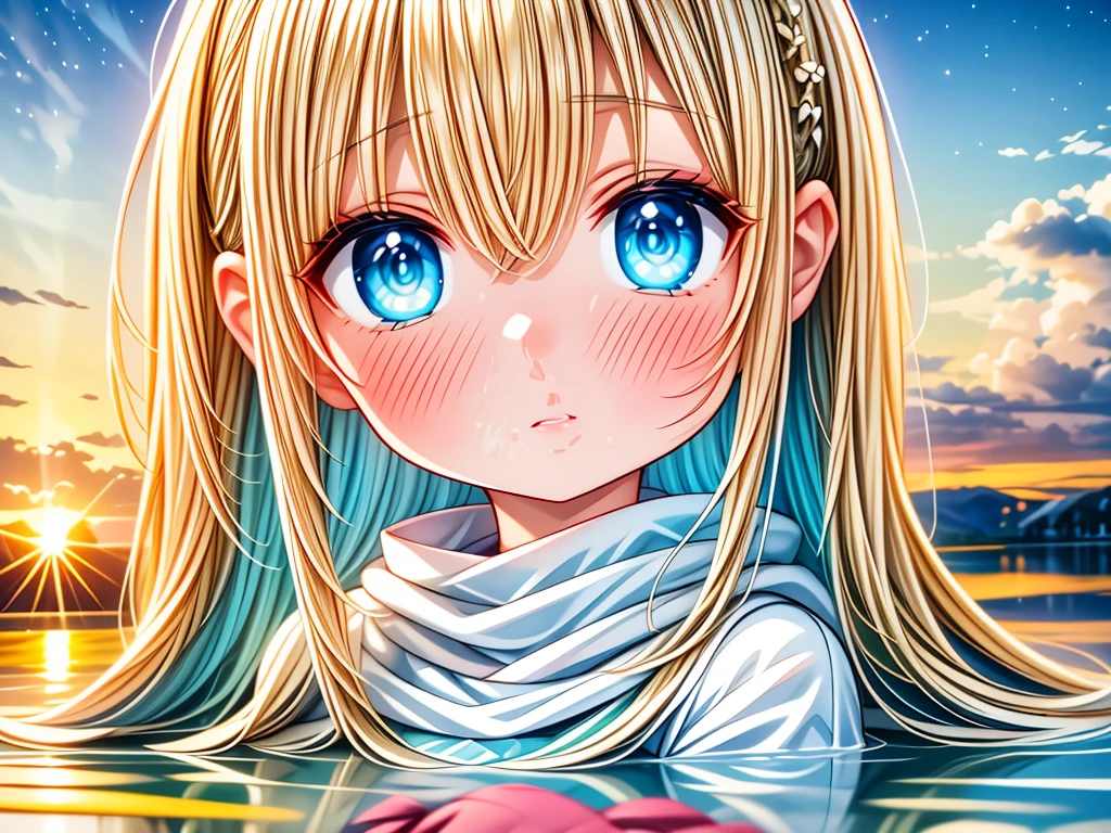 best quality,4k,highres,ultra-detailed,(realistic:1.37),a girl sitting by the edge of a pond at dusk,beautiful detailed eyes,beautiful detailed lips,extremely detailed eyes and face,long eyelashes,winter,illustration,golden sunset colors,soft lighting,reflection on the calm water,loneliness,subtle sadness,peaceful atmosphere,pastel tones,icy winter landscape