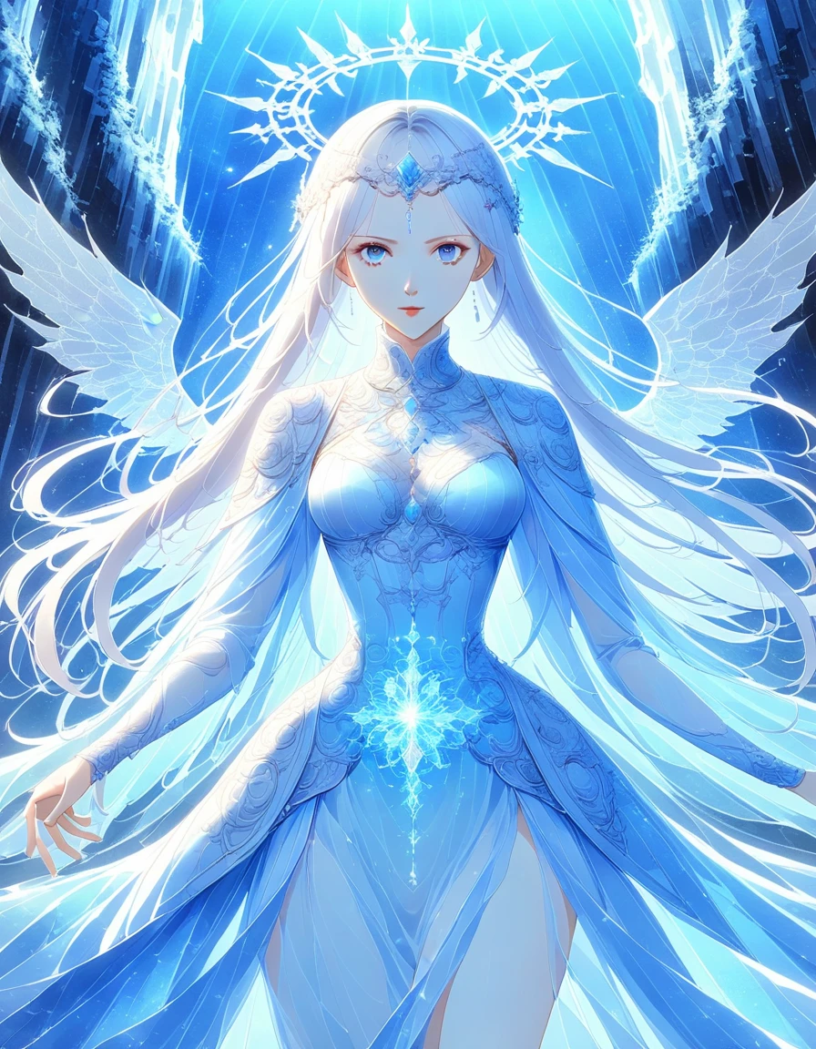 (Symmetrical:1.3), (alone:1.3), (Cute cartoon style:1.3), epic, (beautiful vampire queen) (((looking at the audience))) (vivid blue eyes) (extremely long white hair) (noble dress) Stand amidst mesmerizing ethereal beauty ((crystal caves enclosed andin a grand magical portal)), ((cosmic energy)), the caves are adorned and shimmering crystals, Glitter in a colorful and ever-changing light, A mesmerizing halo of light casts intricate shadows on the cave walls, gothic mystery, 唤起一种惊奇and好奇的感觉, (hand_and_5_hand指), (perfect_hand), (perfect_hand指), (perfect_leg), (better one_hand), More details