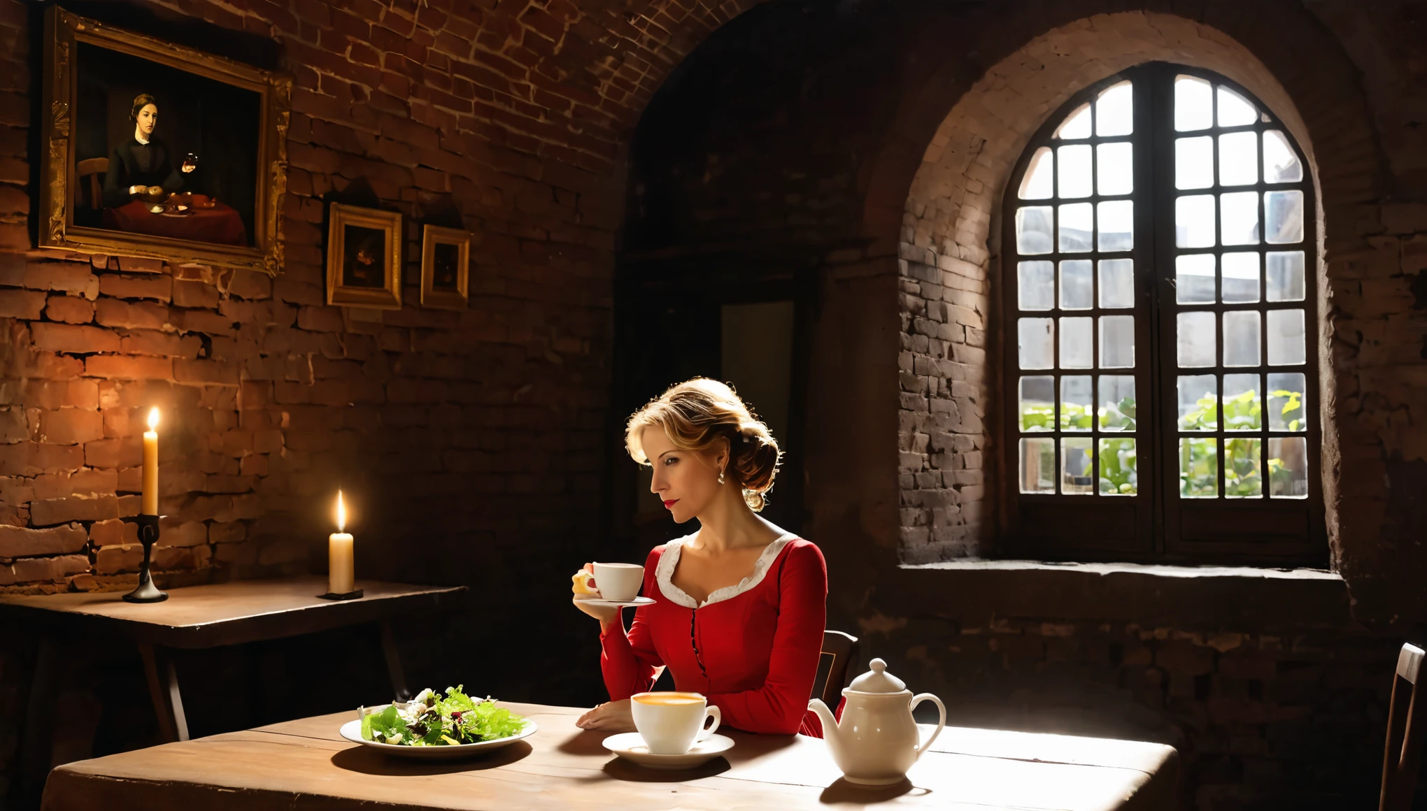 modern world, An oil painting in the style of Camille Corot depicts a 50-year-old woman in a very short, tight-fitting red dress with short, rare, light curly hair drinking hot tea, one leg crossed over the other. She is contemplating divorce from her husband. On the table, there is a plate with salad and a brownie. In the background, there are brick walls and vaults of a cozy, small, cramped café in Buenos Aires adorned with two paintings by the artist Camille Corot. There is one candle in a glass holder, with evening light streaming in through the window.