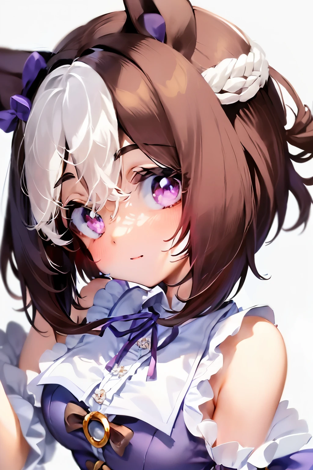 special_week_\(Umamusume)、bow ribbon、bow ribbon、bow ribbon、corsets、Fluffy breasts、nursing、toppless、teats、The upper part of the body、(Refers to the viewer:1.3)、Happiness、(White background:1.5)、(front-facing view:1.3)