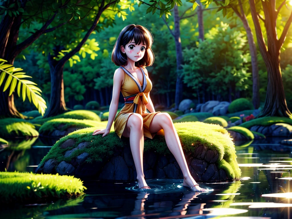 (best quality,4k,8k,highres,masterpiece:1.2),ultra-detailed,(realistic,photorealistic,photo-realistic:1.37),dusk,serene atmosphere,golden hues,tranquil lake,girl sitting,forlorn expression,shadows dancing,soft ripples,graceful silhouette,subtle breeze,reflective waters,warm sunlight,beautiful colors,vibrant reflections