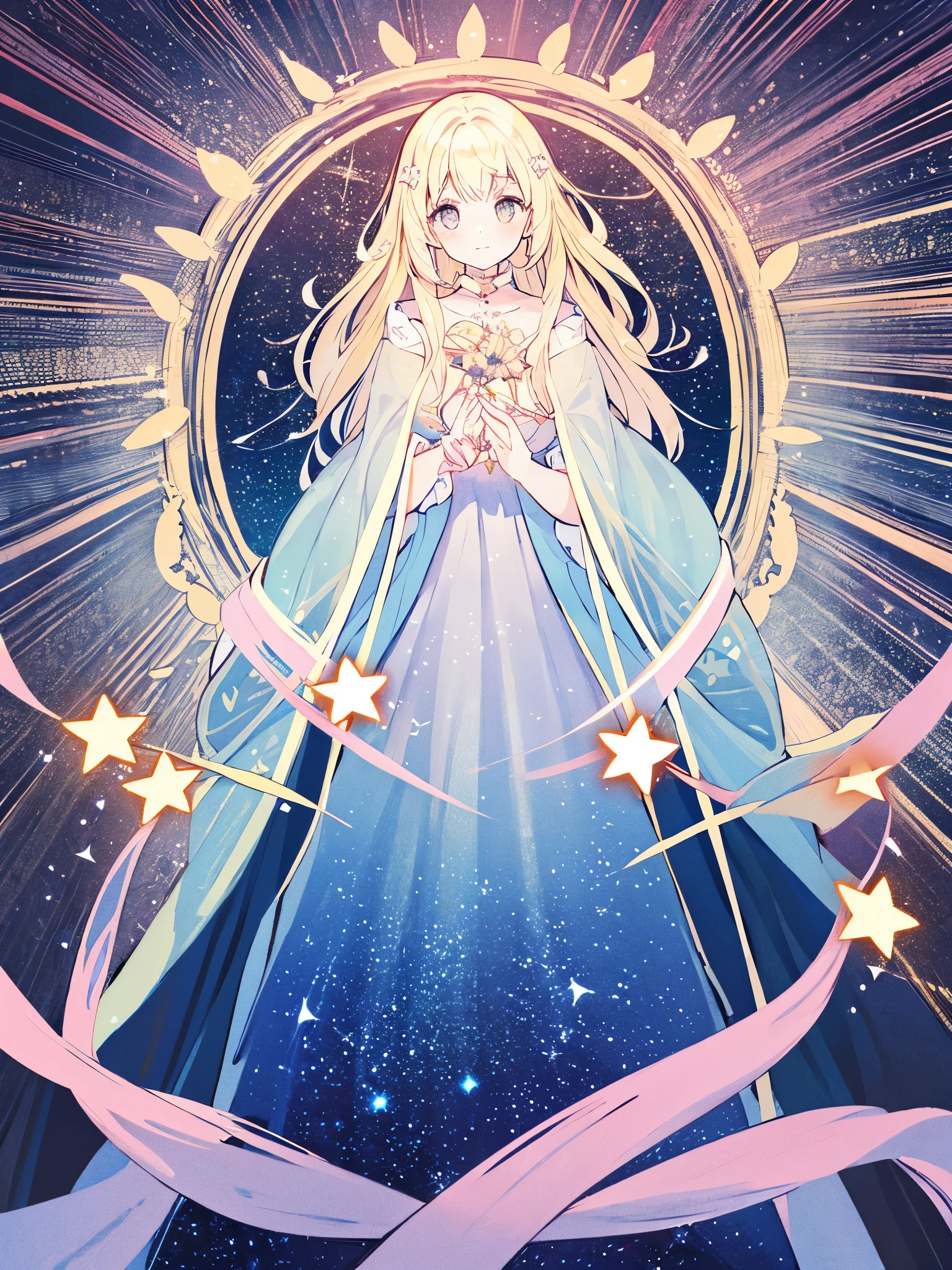 complex background, wishing star background, a woman wearing an ethereal mystical pink translucent dress that reflects the stars, perfume promo art, mystic, complex drawing, highly detailed, Covergirl brand, promo art, artistic rendition, ethereal, starry night, midjourney style