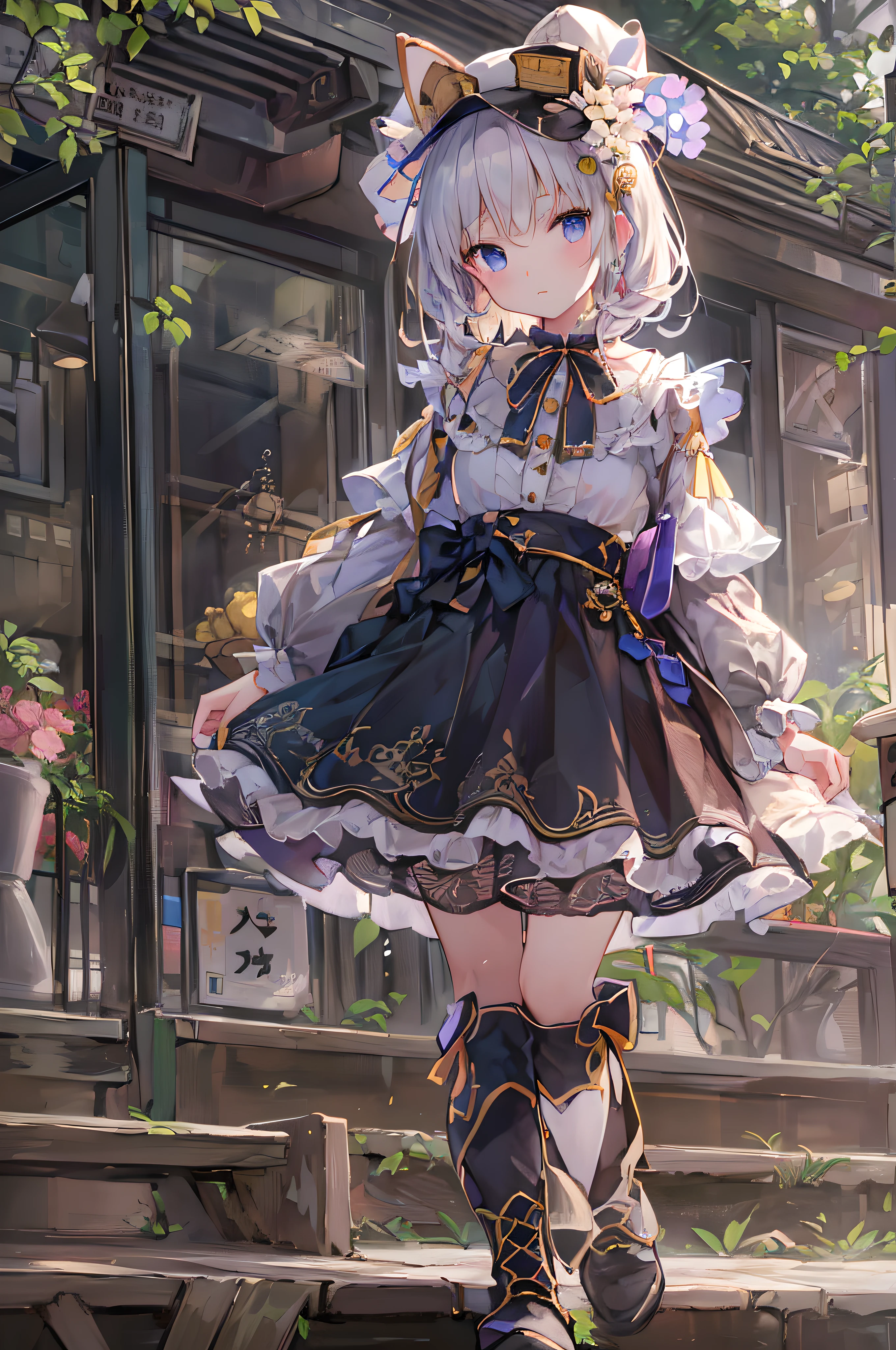 Beautiful illustration、
(8K, original photography, top quality, ​Masterpiece:1.2), (realistic, Realism:1.37), Super detailed, 1 girl, solo, cute little, beautiful turd、 ruffled shirt,flare skirt,boots,