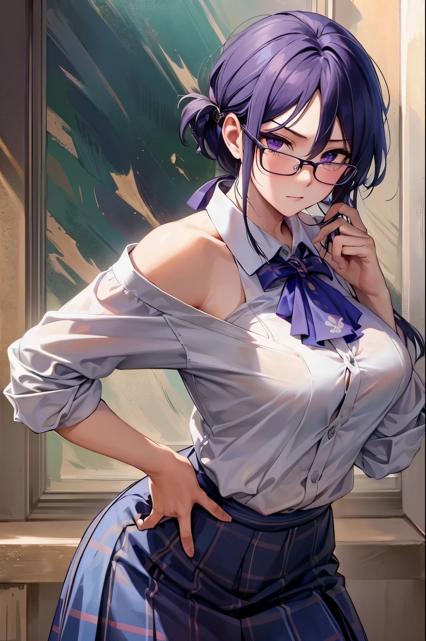 masterpiece, best quality, ultra detailed, hyper realistic, photo),delicate pattern, detailed background, uncensored completely, cowboy shot,  japanese girl, class room,
, loose collar, skirt, looking over eyewear,
hair between eyes, purple hair
put up index finger and one hand on hip,  angry with puffed cheeks,
from above, leaning forward,