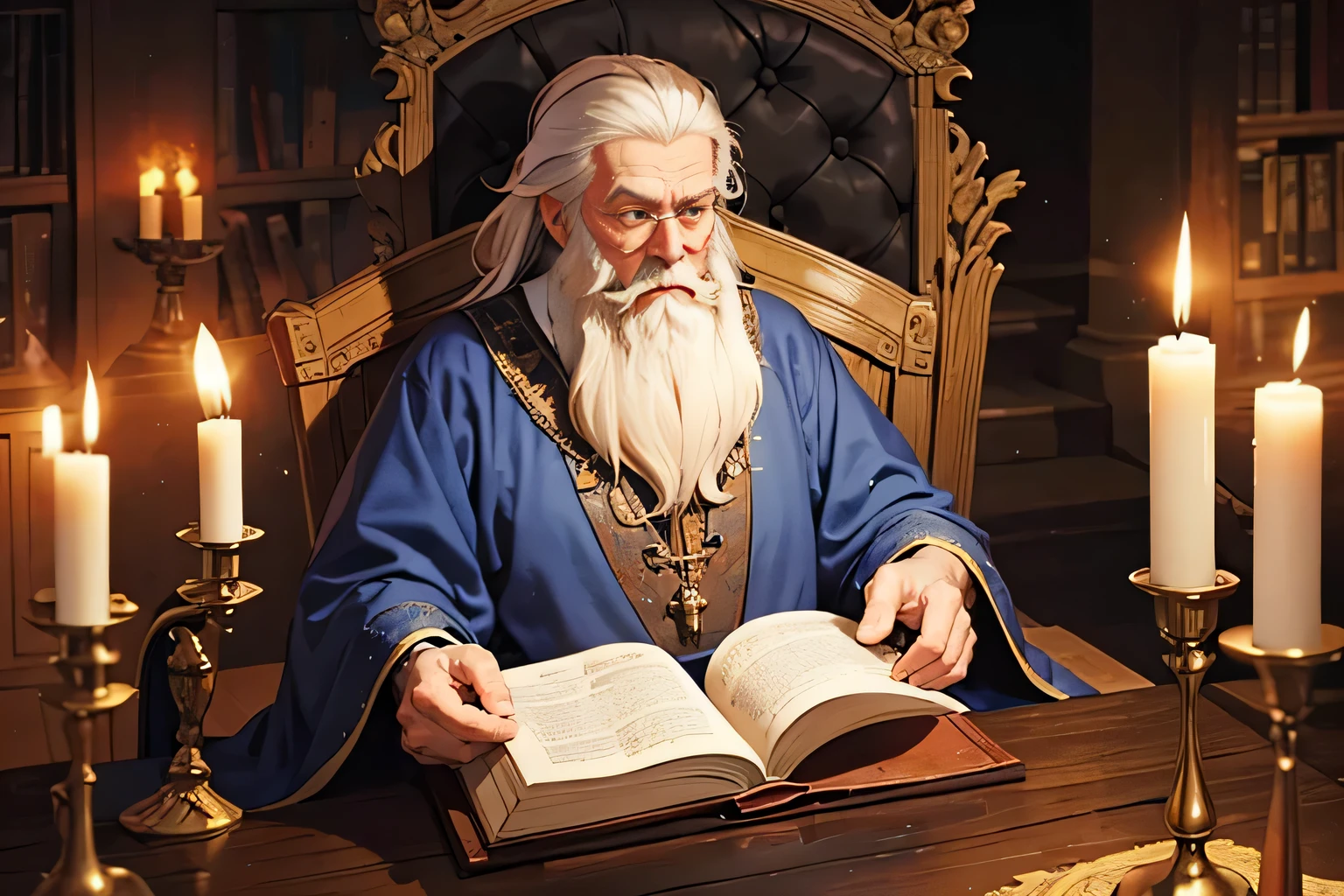 A wise old man with a long beard, adorned in intricate medieval robes, absorbed in reading an ancient parchment by candlelight, illuminated by warm, flickering flames,