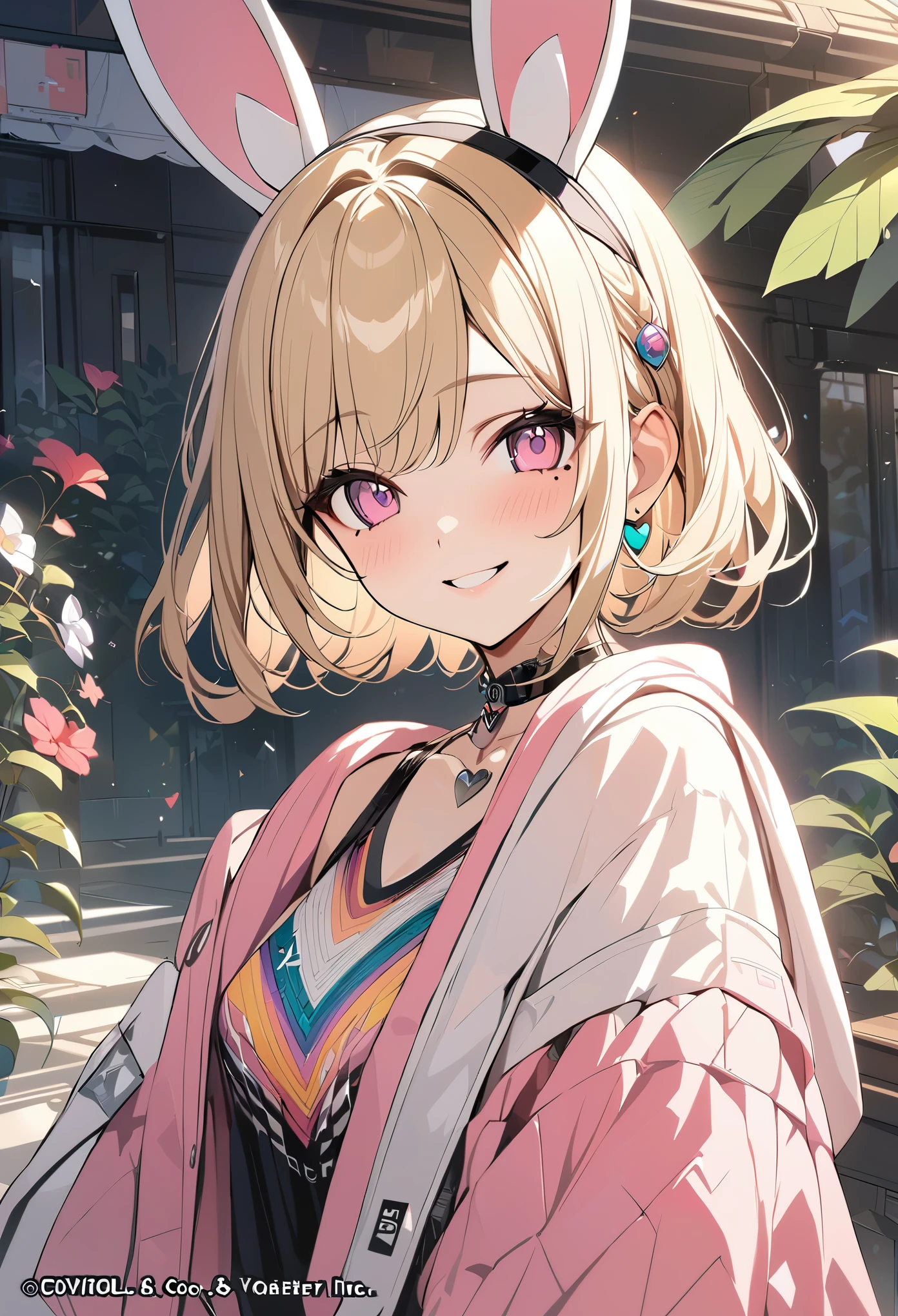 1 girl, blonde bob hair, heart shaped eyes, ♡, lace queen、rabbit ears, {girl with blonde bob hair named nao}, (Pink eye color), {race car}, (smile), bright background , mole under eye, Star-shaped choker, (masterpiece, highest quality), very detailed, highest quality, official art, beautiful and aesthetic: 1.2), (1 girl), very detailed, (geometry art: 1.3), colorful, most detailed ,(garden,beautiful flower々), (masterpiece, highest quality), official art, beautiful and aesthetic: 1.2), (1 girl), very detailed, (geometry art: 1.3), colorful