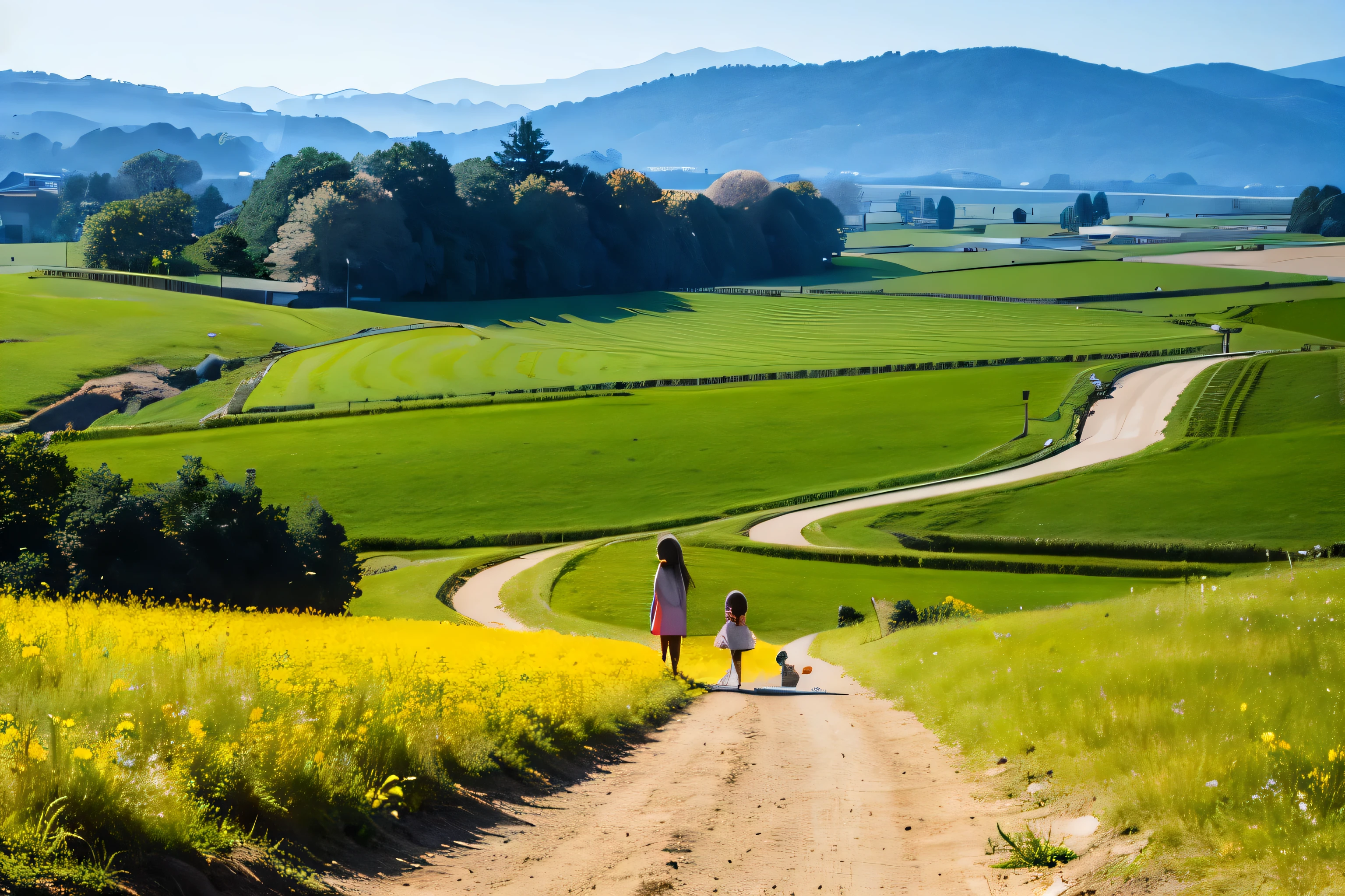 (The best quality, masterpiece, cartoon style, 4k high-resolution wallpaper). The lovely girl and little sisters carrying the main basket walked on the dirt road of the paddy field in the countryside, with colorful flowers and detailed illustrations of facial features