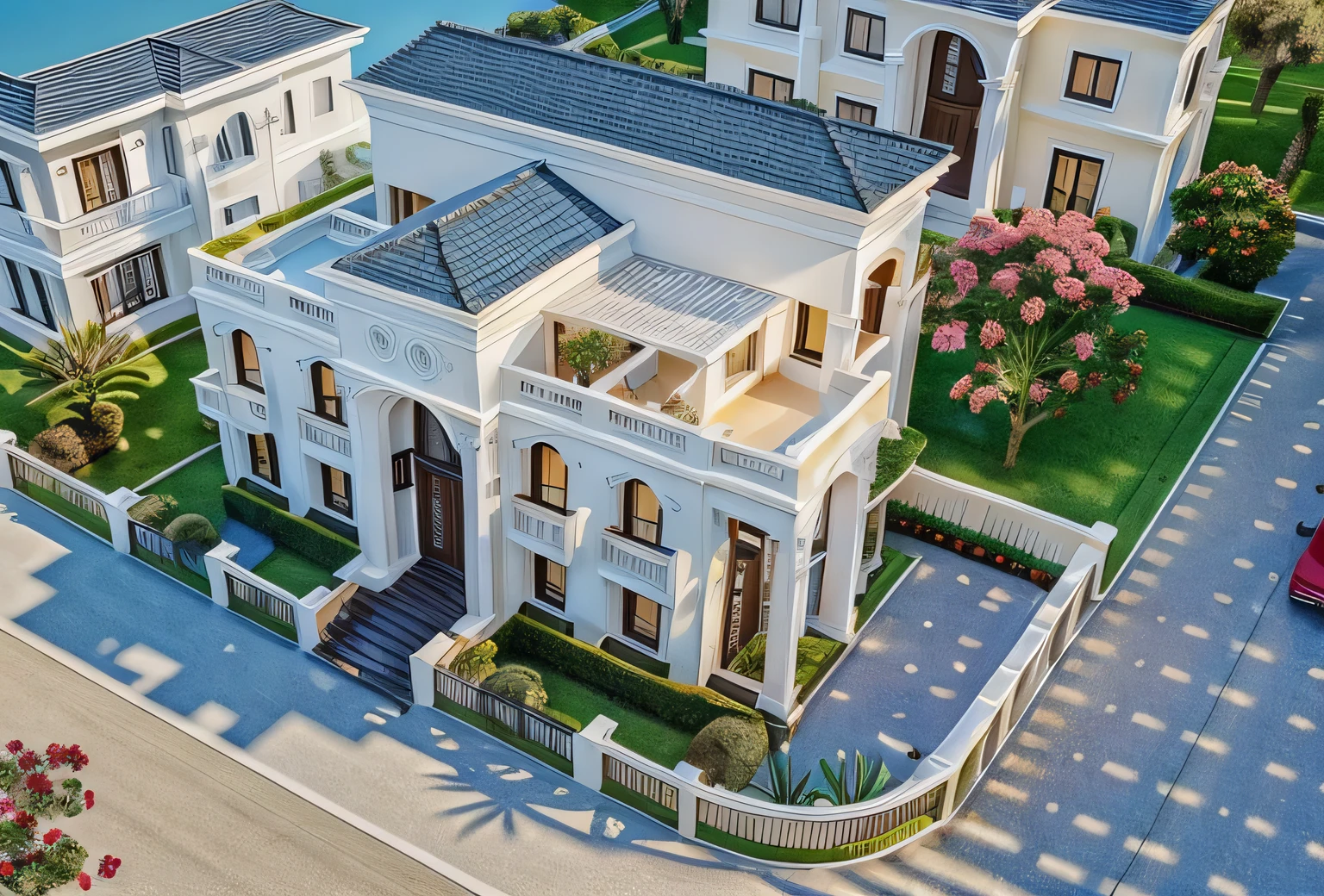 1 Mediterranean style house , The town house is made from white walls and some walls are painted bright blue)), beautyful light, beautyfulday, sunny, Many red bougainvilleas along the road:1.3, lovely youthful feeling :1.2, sunlight at 12 noon, Very beautiful shadows