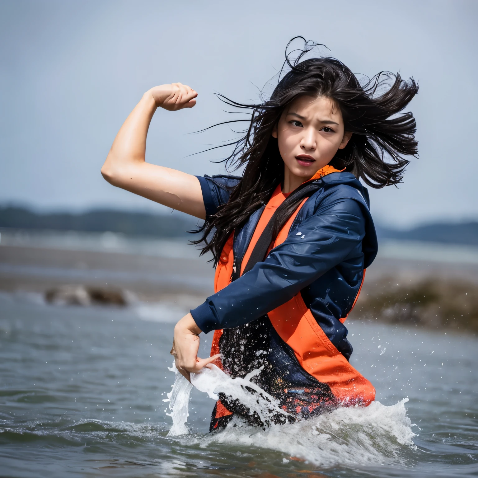 masterpiece, highest quality, (dynamic pose:0.5), disorganized, 1 girl, fighting pose, punch water, (attack with water:1.5) wet clothes, wet hair, wet face, water behind people, multicolored hair, (Wind:1.4)