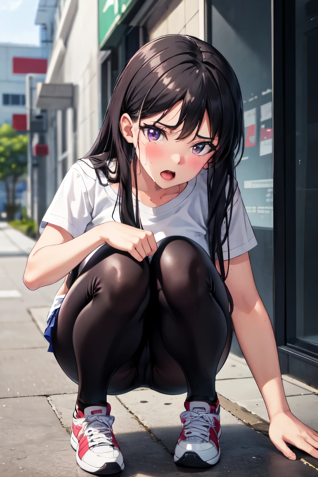 ((best quality)), ((masterpiece)), (detailed), perfect face, 1girl, pettied highschool girl, black hair, red/purple eyes, white t shirt, black leggins, white sneakers, crouching, looking up at viewer, flushed cheeks, sweating, looking embarressed, open mouth, detailed, 8k, high resolution, masterpiece, horikita suzune, full body