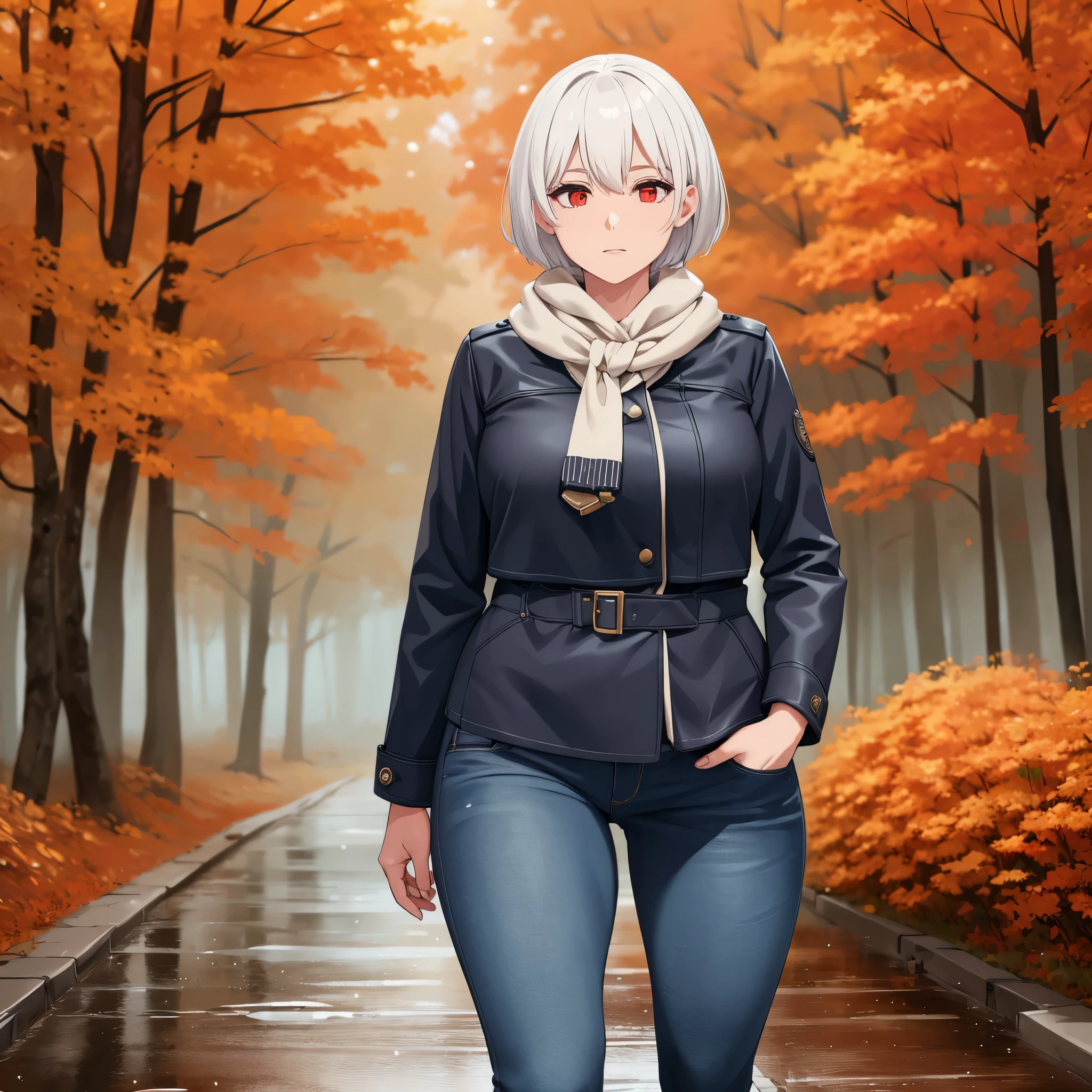 a woman wearing a cold coat, with a cold scarf around her neck, jeans, short white hair, red eyes, walking in an autumn forest, raining there, with several raindrops , and wet floor. perfect quality, ultra resolution, very detailed, 4k hd
