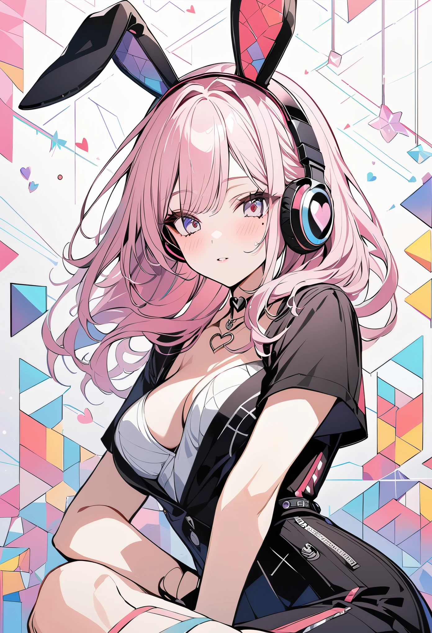 ,beautiful flower々),mole under eye, heart shaped choker, (masterpiece, highest quality), official art, beautiful and aesthetic: 1.2), (1 girl), very detailed, (geometry art: 1.3), colorful,headphones,DJ、Pink bob hair、rabbit ears