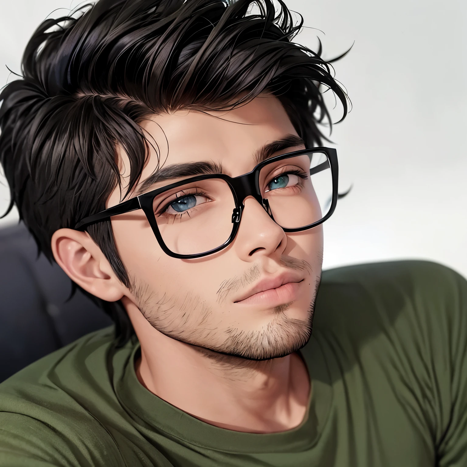 Homem de 23 anos, usa oculos, bonito, cabelo preto wolfcut, olhos verdes, pele de oliva, roupas sociais, gentil, grande, inteligente, jovem, 