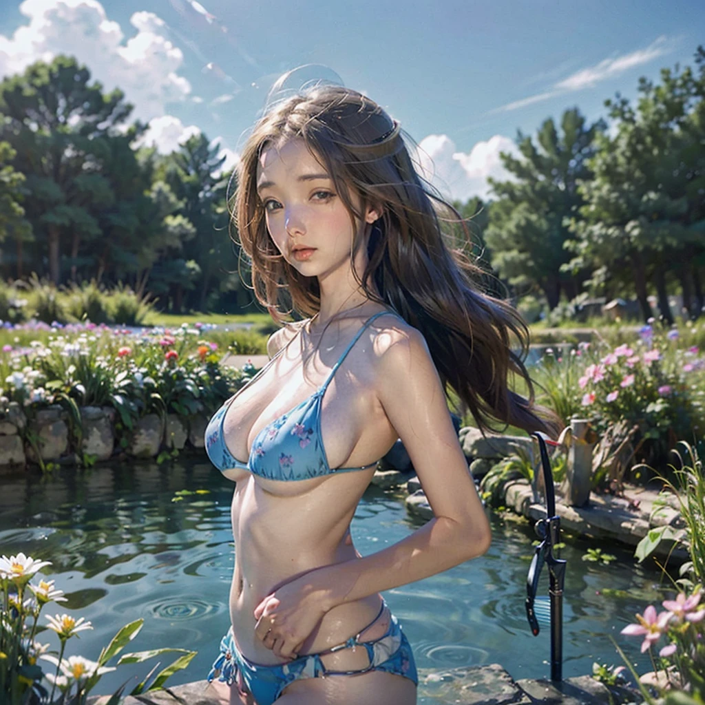 A woman in a bikini is fishing with a spear, evening pond, field of wild flowers
