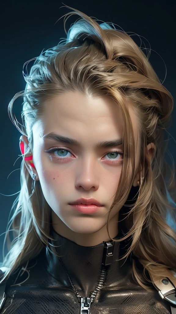 ((Whole shot: 1.4, dynamic pose: 1.4)), (( a sensual and beautiful young man confident of himself: 1.5)), ((honey-colored eyes: 1.5)), ultra detailed: 1.5)), smile sensual, with a tattoo on his arm and cheek, handsome and masculine hairstyle:1.2, handsome young cyberpunk man, handsome cyberpunk boy face, dreamy, ((beautiful and detailed, soft and luminous hair:1.3)), dark environment, cyberpunk clothing, ultrarealistic 8k, cyberpunk 20 years. a model boy, The portrait, Highly detailed 32k digital art, beautiful digital artwork, Cyborg Cyberpunk. ((orange, cyan, brown colors: 1.2)), realistic digital art in 8k, soft neon lighting on the face and body, (( Highly detailed: 1.4), (( masterpiece )), ( Hyper detailed and beautiful : 1.3), (Photorealistic: 1.4)