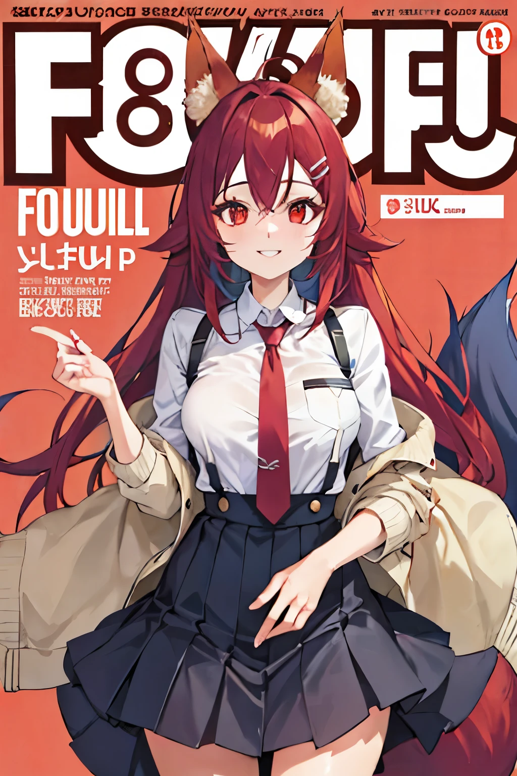 Firefox-Skollie, red eyes, fox girl, multiple tails, multicolored hair, 1girl, hairclip, solo, light smile, small breasts, looking at viewer, 
, pleated skirt, necktie, open jacket, magazine cover, simple background, 
(masterpiece:1.1), (best quality:1.1), (ultra-detailed:1.1), (illustration:1.1),