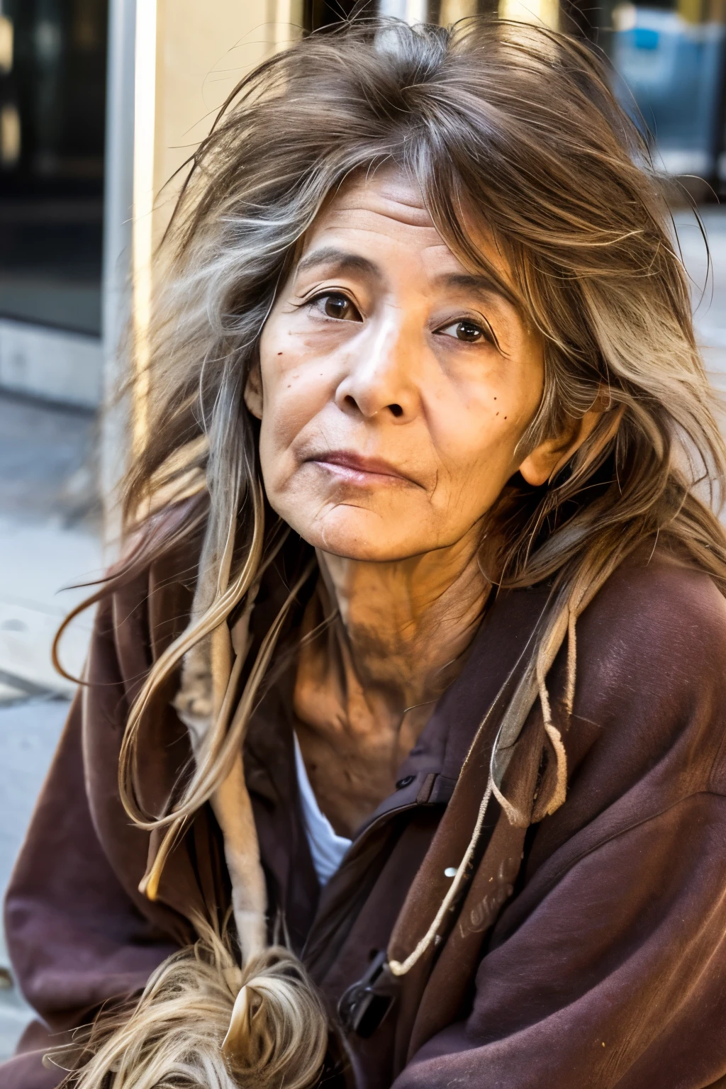 (((messy hair))),(((homeless))),(((japanese))),(((real skin))),(((wrinkles))),(((brown hair))),(((60 years old woman)))