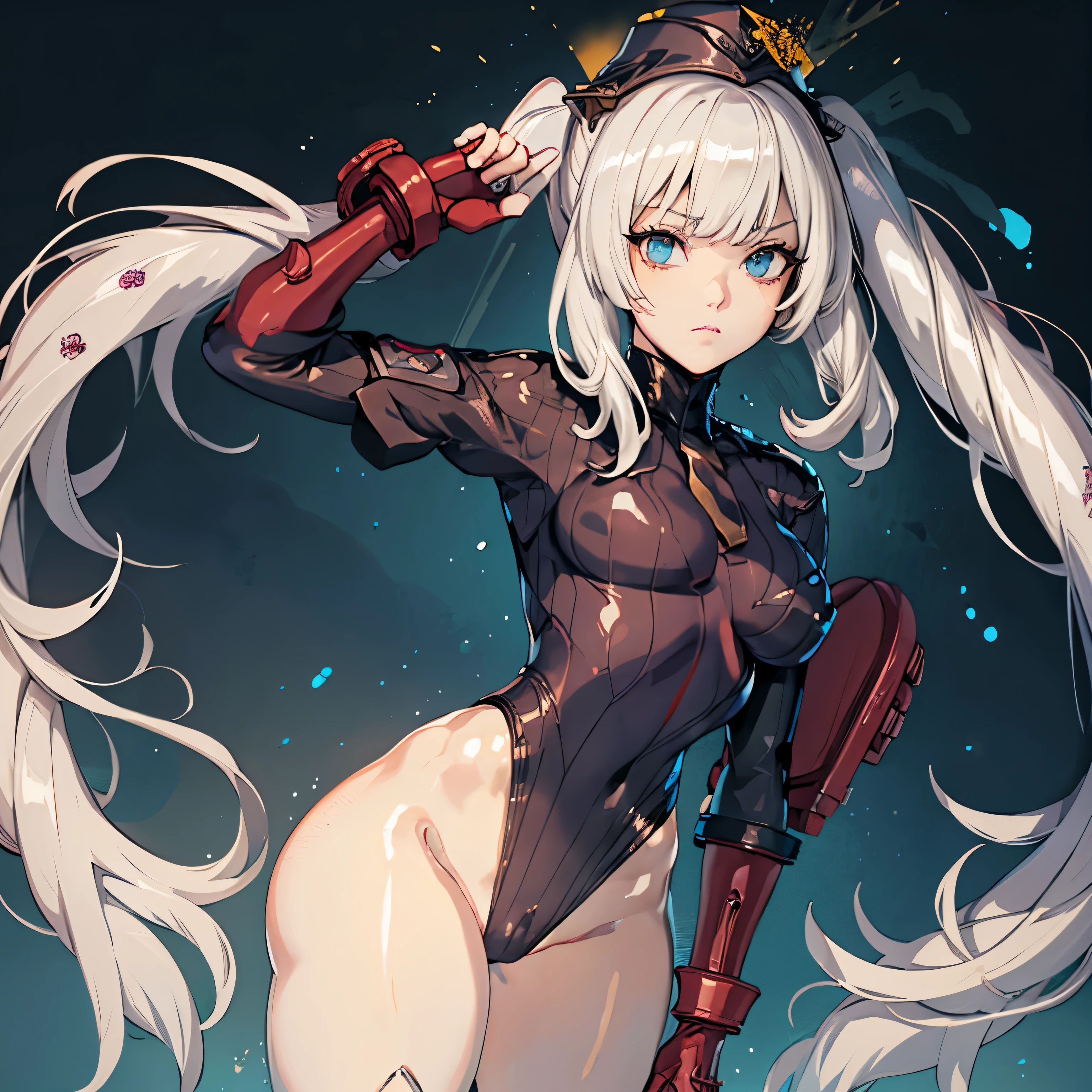 ultra-detailed, Explicit, Beautiful body, Beautiful Nose, Beautiful character design, perfect eyes, perfect face, ultra highres, 4K, beautiful legs, perfect legs, Nice hands, Perfect hand, Masterpiece, Best Quality, Highly detailed, illustration, absurdres, perfect anatomy, street fighter, doll suit, shadaloo doll, dollsuit, expressionless, blank eyes, looking at viewer, red gloves, emotionless, black latex, corruption, mind control, female combatant, full body, hypnotized, unhappy trance, full body suit, ribbed bodysuit, both arms at side, obey, perfect female body, extremely glossy latex, hypnosis, hypnoLora, empty eyes, Mind control device, poses, submissive_pose, Slave, standing straight, standing, standing at attention, hat, necktie, belt, latex, ribbed bodysuit, thigh Highs, garter belt, Fighting Stance, extending the right arm from the shoulder into the air with a straightened hand, military, thigh boots, black pantyhose, (((pixel-perfect, detail-perfect))), solo, 1girl, hair ornaments, very long hair, white hair, yellow eye, pale skin, MARIE ALTER, Marie_Antoinette, twintails, bangs, grey hair, small breast, A standing leg-raising pussy_focus action, LEG UP