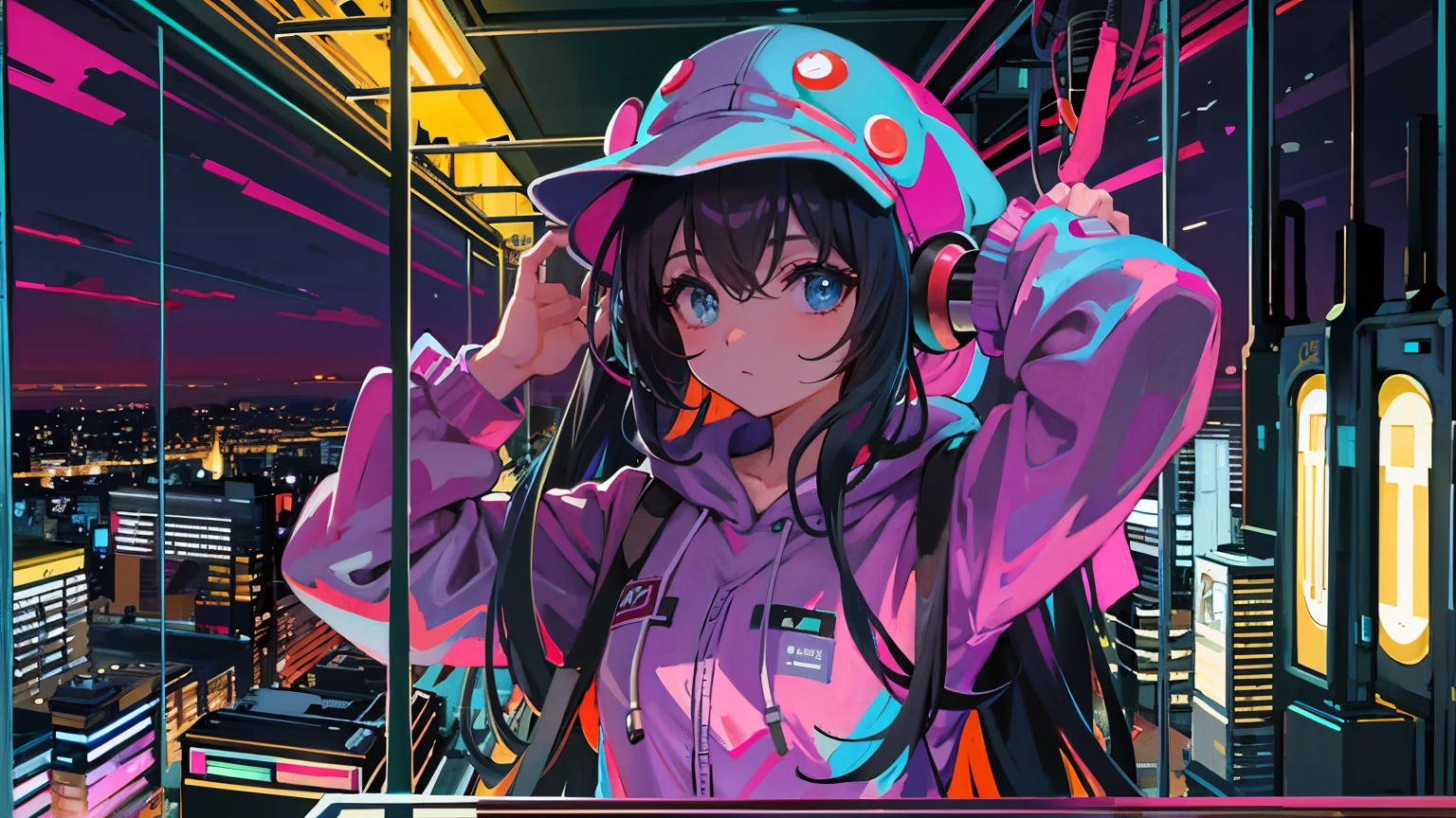 masterpiece, one girl, incredibly absurd, alone, hoodie, headphones, indoor,window,night,neon