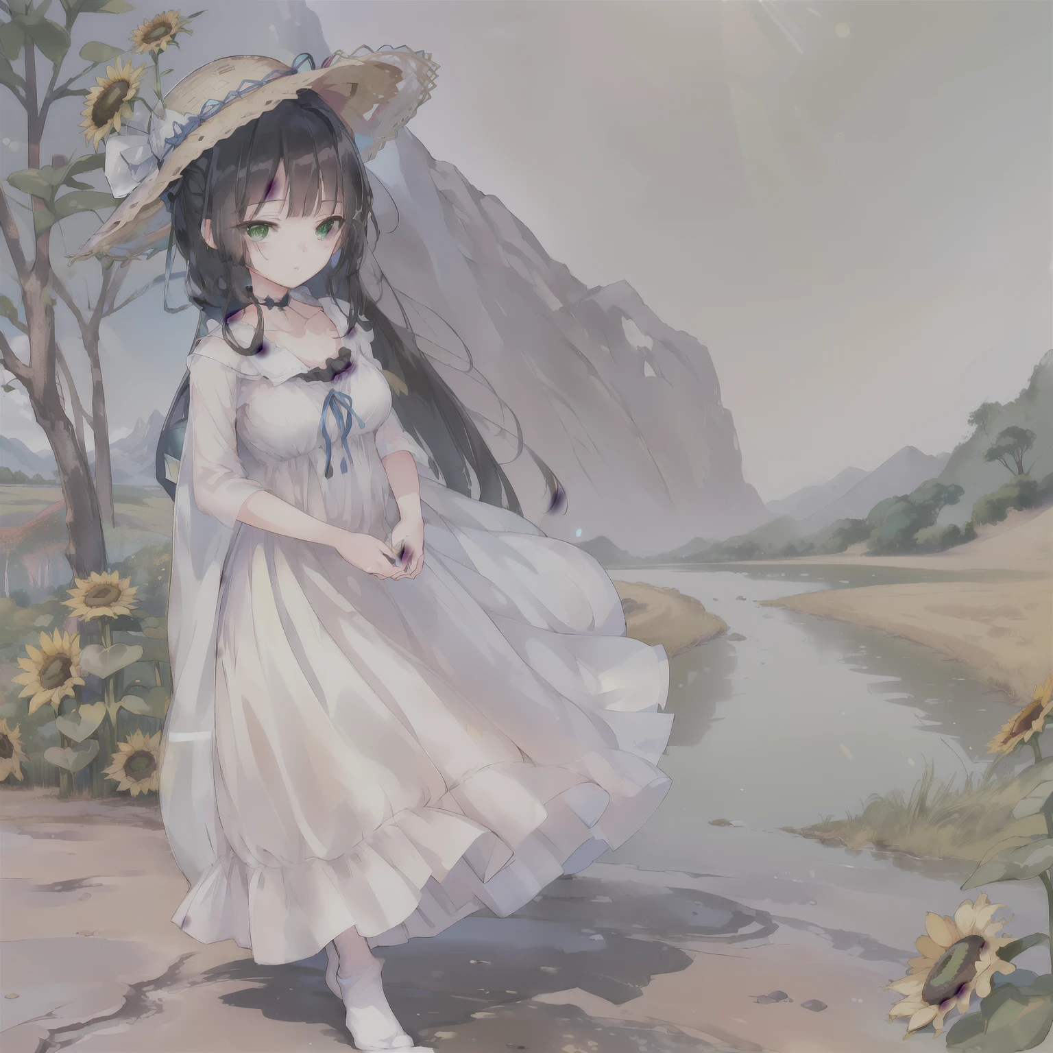 (masterpiece, highest quality, highest quality, official art, beautiful and aesthetic:1.2), (1 girl, cute:1.2), very detailed, colorful, most detailed ((Super detailed)), (Detailed CG illustration), ((very delicate and beautiful)),(outdoor, shrine, nature, country, Mountain, forest, straw hat, black hair, long hair, blue eyes, big breasts, particles of light, Lens flare, Depth of the bounds written, shine, Bokeh, まだらのDay差し, Day, white dress, long skirt, one piece dress, trekking shoes, ribbon choker, socks, Are standing, sunflower:1.2), (green eyes)