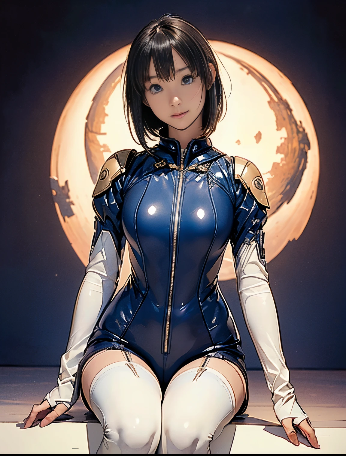 (masterpiece、best quality、Highest resolution、Clear_image、detailed details): (full body picture、15 year old girl、Japanese face、small face、thin、Navy blue super short bob、blue eyes、Blue and Black Shiny Aviator Suit、Armor that protects the chest、tight clothes、Clothes that cover the whole body、leggings、Very delicate and beautiful、hide thighs、hide your ass、Cute type、gentle smile、soft expression、earphone、knee high boots、Gloves come to elbow length、Shooting at eye level、face directly、woman on spaceship), (((camel toe))), ((Plain white tights))