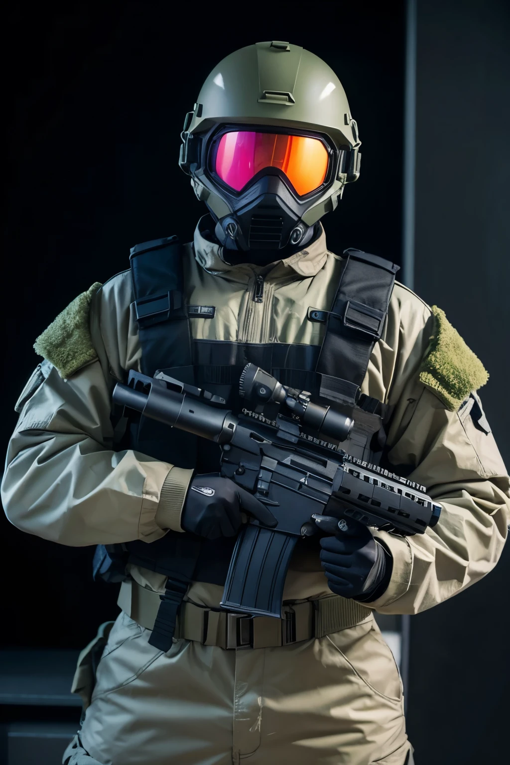 a modernization,Wearing thermal imaging tactical helmet,Wearing heavy bullet armor and heavy body armor,A male soldier holding a fully modified H416 assault rifle with a 4x scope