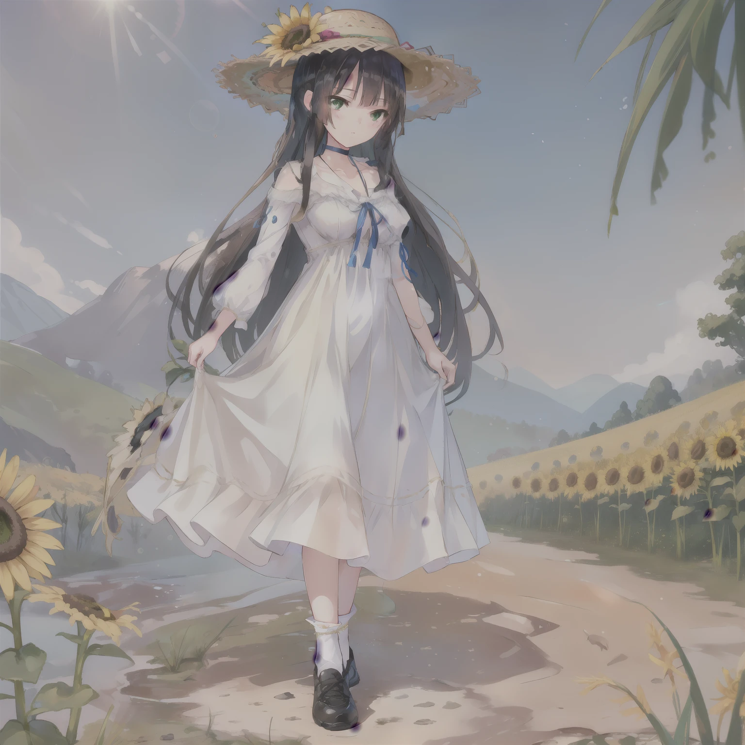 (masterpiece, highest quality, highest quality, official art, beautiful and aesthetic:1.2), (1 girl, cute:1.2), very detailed, colorful, most detailed ((Super detailed)), (Detailed CG illustration), ((very delicate and beautiful)),(outdoor, shrine, nature, country, Mountain, forest, straw hat, black hair, long hair, blue eyes, big breasts, particles of light, Lens flare, Depth of the bounds written, shine, Bokeh, まだらのDay差し, Day, white dress, long skirt, one piece dress, trekking shoes, ribbon choker, socks, Are standing, sunflower:1.2), (green eyes)