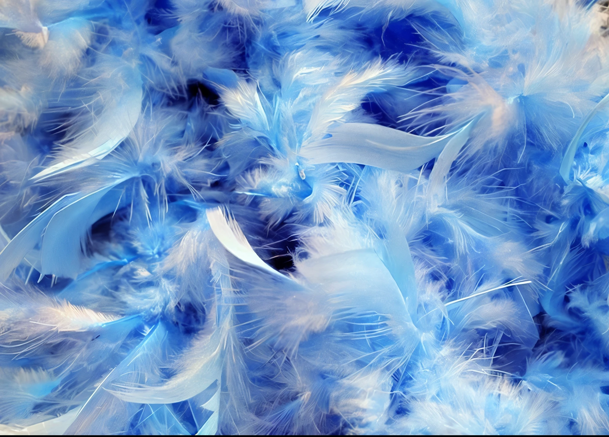 a close up of a bunch of blue feathers on a table, blue feathers, feathers, beautiful feathers, feather boa, soft feather, blue fur, white feathers, transparent feathers, bird feathers, feathery fluff, glowing feathers, feathers ) wet, feathers flying, feathers plumage, chicken feathers, feathered, blue soft details, fractal feathers, feathers raining