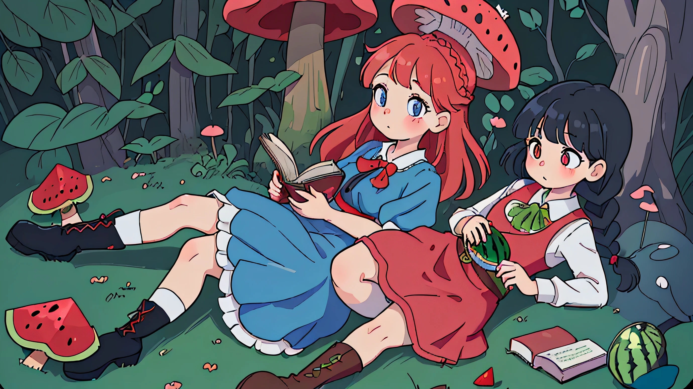 Girl   (Braided hair with a kawaii watermelon accessory)brown eyes (she is a  wearing a blue dress and a red sash on her dress) on her waist a belt with a yellow brooch. In the background (magic forest) She is reading a book while there is a ferret (cute animal) beside her with a red nose.  (Errorless hands and bright eyes) (White skin color (Asian) Next to the girl there are thousands of mushrooms with books on top (different colors) (black boots with cute watermelon designs on the side)