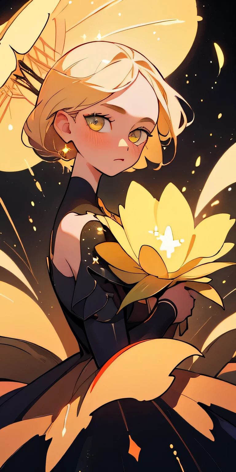 (best quality, masterpiece), 1girl, galaxy, glitter, dress, particle, wind, flower, upper body, dark simple background, looking at viewer, blonde,