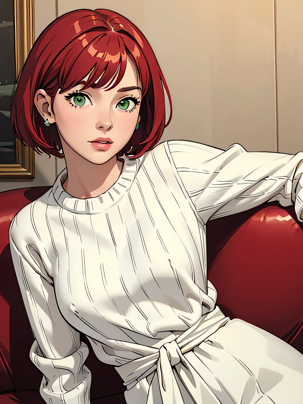(best quality, 4k, highres, masterpiece:1.2), ultra-detailed, realistic:1.37, digital art, cherry red hair girl, bob-style short hair, side-swept bangs, lime green eyes, fair skin, white sweater and silver earrings, from the waist up.