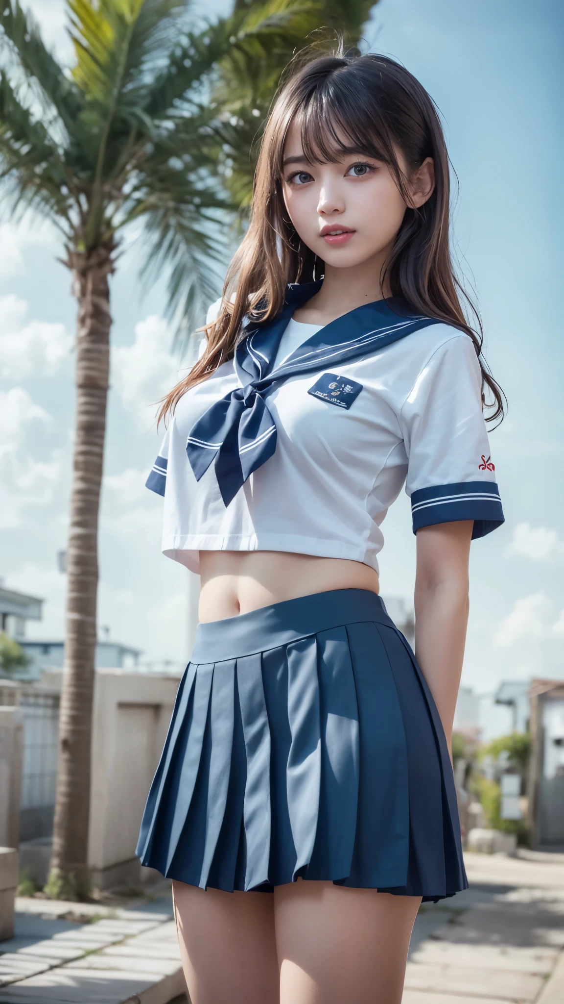 (best quality, 8k, 32k, masterpiece, UHD:1.2), (RAW photo), (realistic), (photorealistic:1.2), (high resolution), huge filesize, ultra-detailed, extremely beautiful face & eyes, 1girl, japanese elementary school student,14yo, 13yo, 12yo, round small face, baby face, thin waist, beautiful belly skin, large breasts, slim proportions, perfect thin thighs, small butt, (darkblue pleated mini skirt, japanese sailor, sailor fuku, serafuku, japanese school sailor suit, sailor red neckerchief), nice hands, perfect hands, accurate hand depiction, sweaty, shy smile, pure white teeth, from below, (blue sky, summer, sun, beach, palm tree, outdoors),