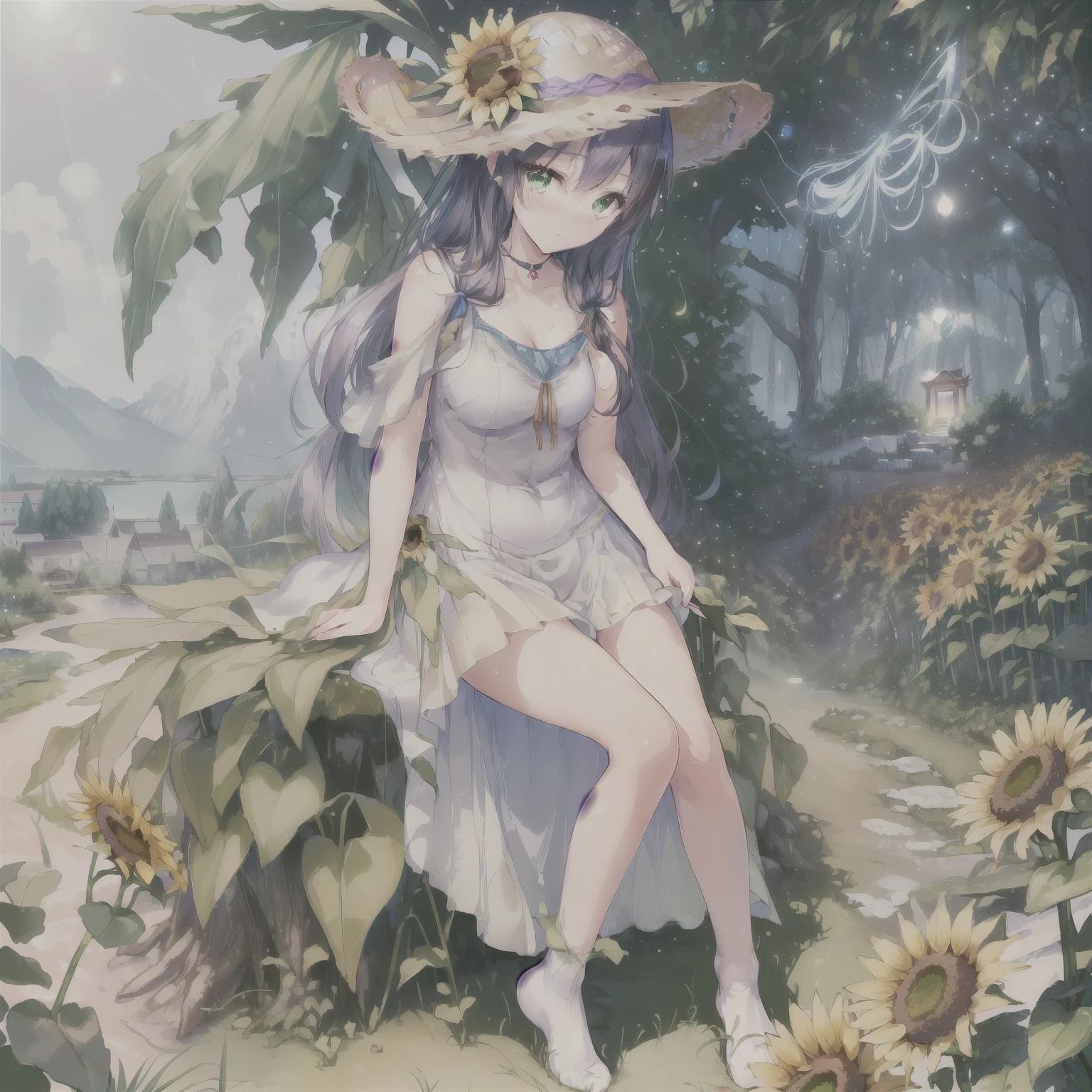 (masterpiece, highest quality, highest quality, official art, beautiful and aesthetic:1.2), (1 girl, cute:1.2), very detailed, colorful, most detailed ((Super detailed)), (Detailed CG illustration), ((very delicate and beautiful)),(outdoor, shrine, nature, country, Mountain, forest, straw hat, black hair, long hair, blue eyes, big breasts, particles of light, Lens flare, Depth of the bounds written, shine, Bokeh, まだらのDay差し, Day, white dress, long skirt, one piece dress, trekking shoes, ribbon choker, socks, Are standing, sunflower:1.2), (green eyes), (light purple hair)
