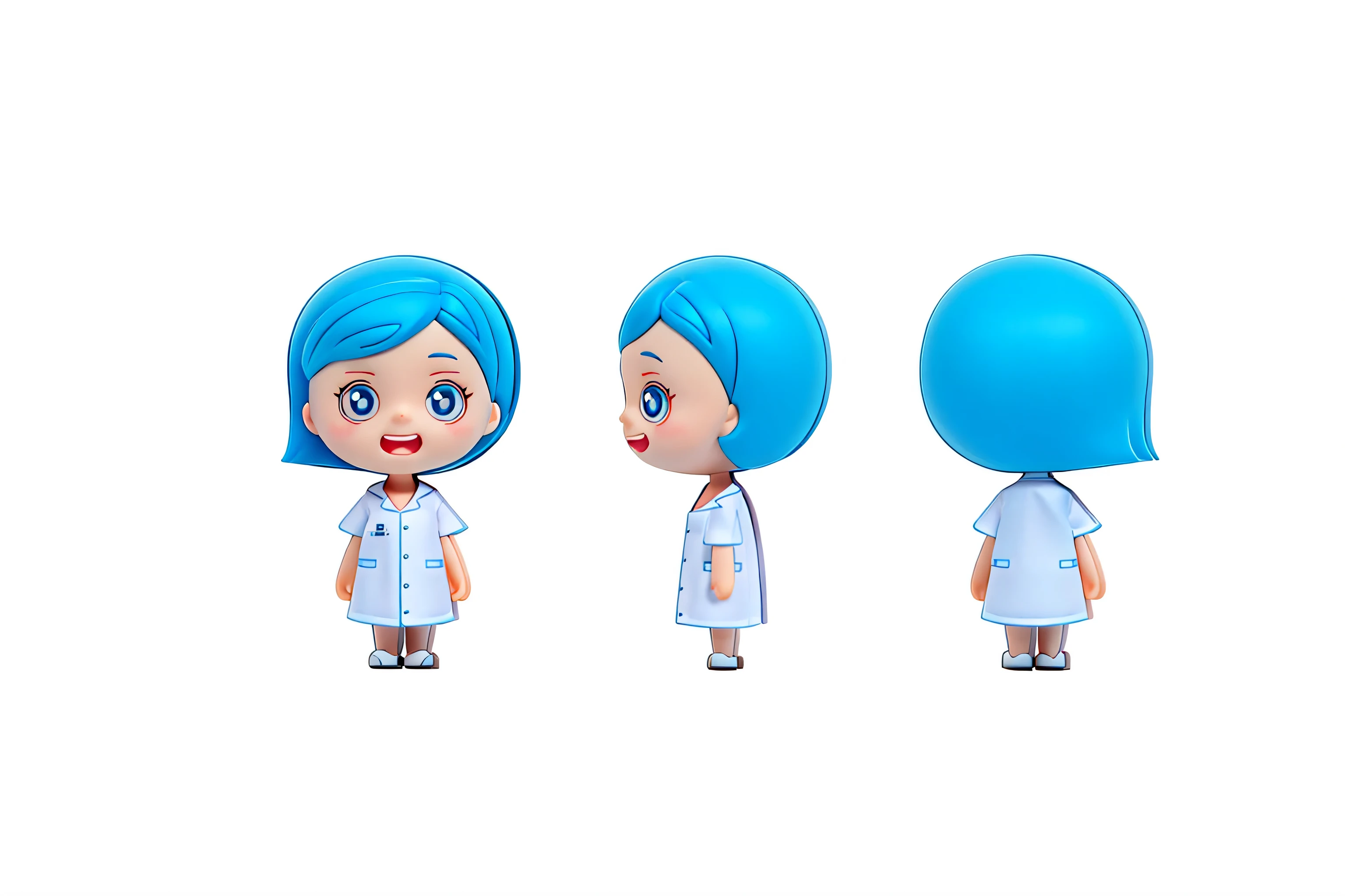 Cartoon character of a woman with blue hair and white shirt, animated characters, role conception for animation, Cartoon style illustration, character turnaround, role conception, The character is standing, simple cartoon style, woman with blue short hair, full body role conception, model table, nurse girl, high quality role conception, character model table, Wearing a lab coat and shirt, 4K resolution，C4D，OC renderer，Ultra-detailed，high quality，white background