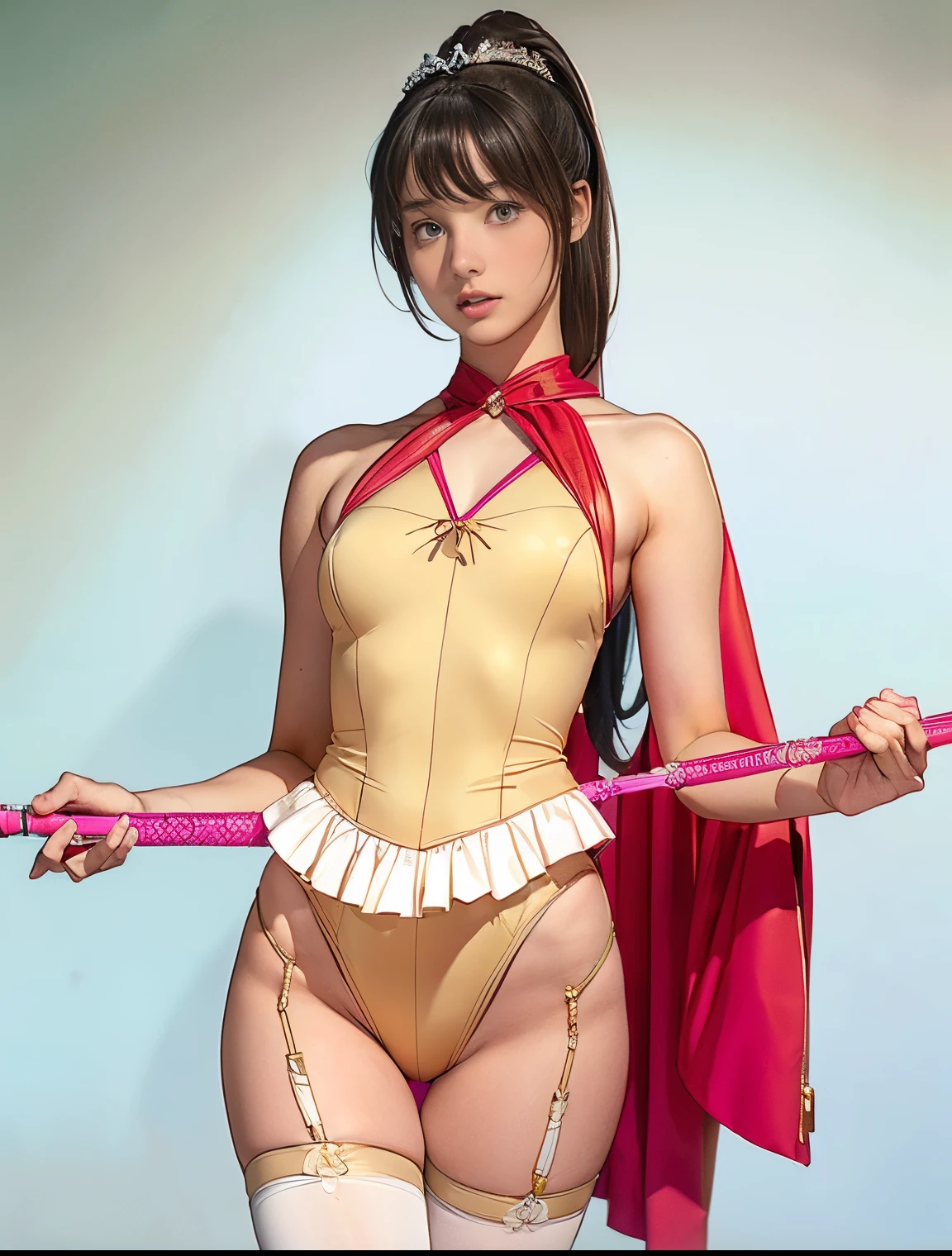 whole body、((beautiful girl、Cute type))、((Beautiful  girl))、 ((leotardsbeautiful girl：1.5))、((A beautiful girl wearing a three-coloRed leotard: Red, green, and white.))、((shouted in surprise))、((please open your eyes：1.5))、((from below：1.5))、Ultra-fine painting、((両脚を左右に開いてstand：1.8))、((Beautiful 14 year oldeautiful girl wearing a tiara))、((((baton twirl))))、((huge ))、open mouth、(Live shooting)、(masterpiece:1.4)、(best quality:1.4)、((stand))、((long hair ponytail))、((Have bangs：1.4))、((thin thighs：1.5))、Beautiful girl with a fuchsia Reddish choker around her neck、Delicate skin、Thigh clearance、((City))、[:(Face:1.2):0.2]、clavicle、((Hasselblad photos))、(((camel toe)))