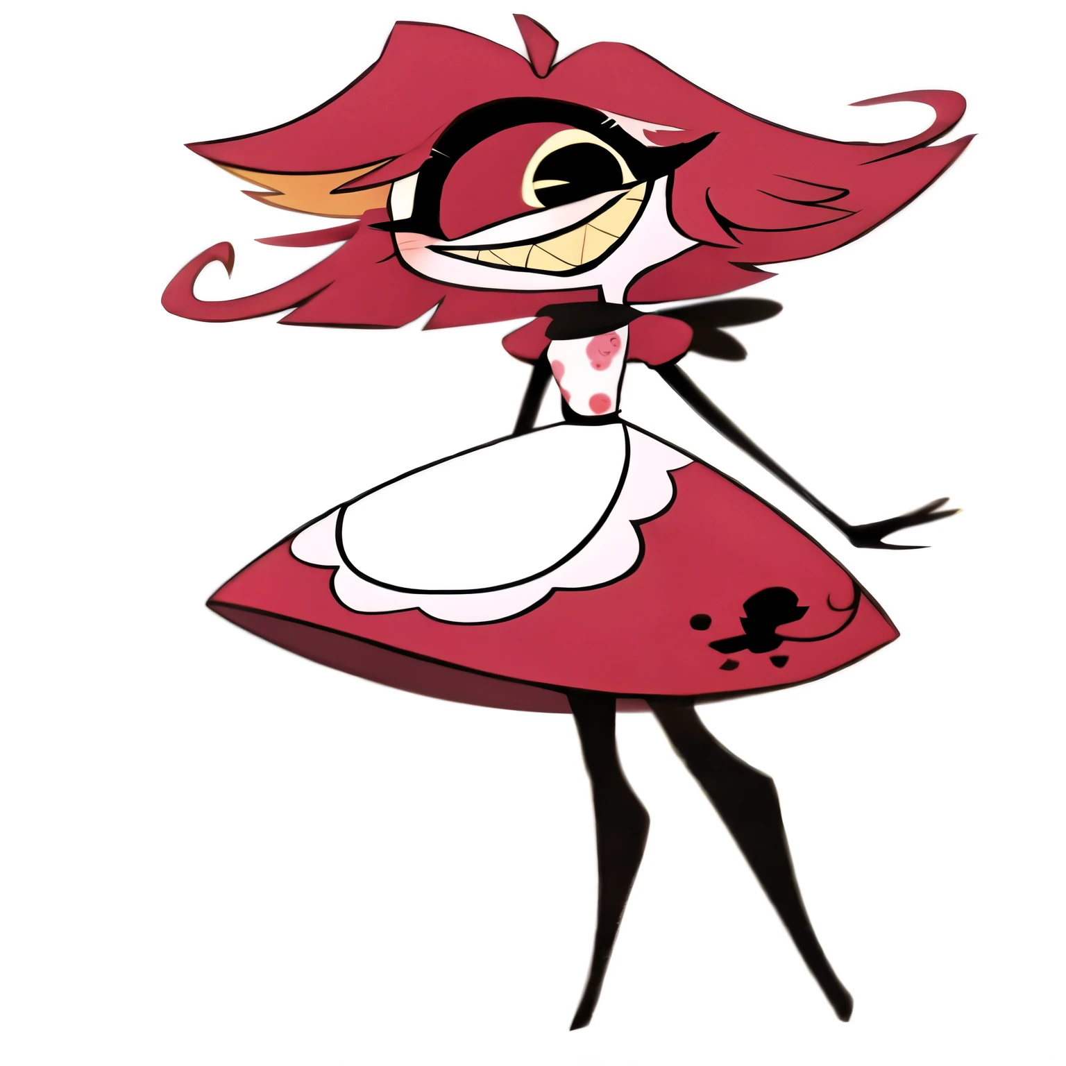 a cartoon girl in a pink dress with a skull on her head, [[[[sorrindo maldosamente]]]], Muffet de Undertale, Yume Nikki, personagem de saudade, sorriso perturbador, bolha absurda e ondulada em um vestido, Cuphead, arte oficial do personagem, madeline da celeste, arte oficial, 2 d, 2d
