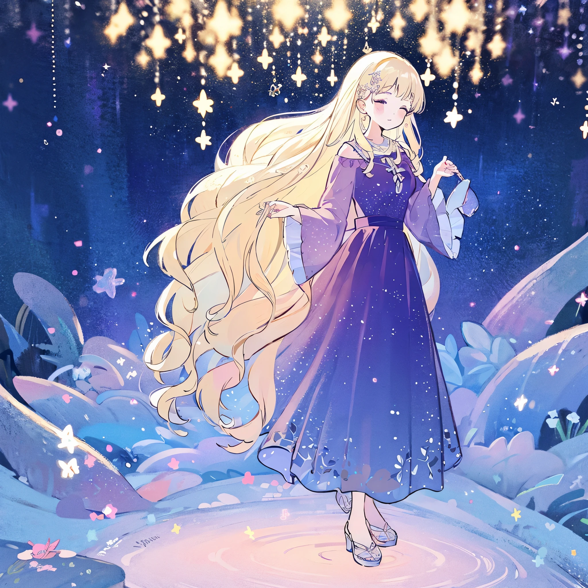 complex background, wishing star background, a woman wearing an ethereal mystical pink translucent dress that reflects the stars, perfume promo art, mystic, complex drawing, highly detailed, Covergirl brand, promo art, artistic rendition, ethereal, starry night, midjourney style
